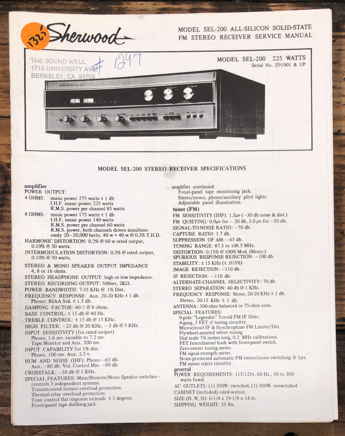 Sherwood SEL-200 Receiver Service Manual *Original*
