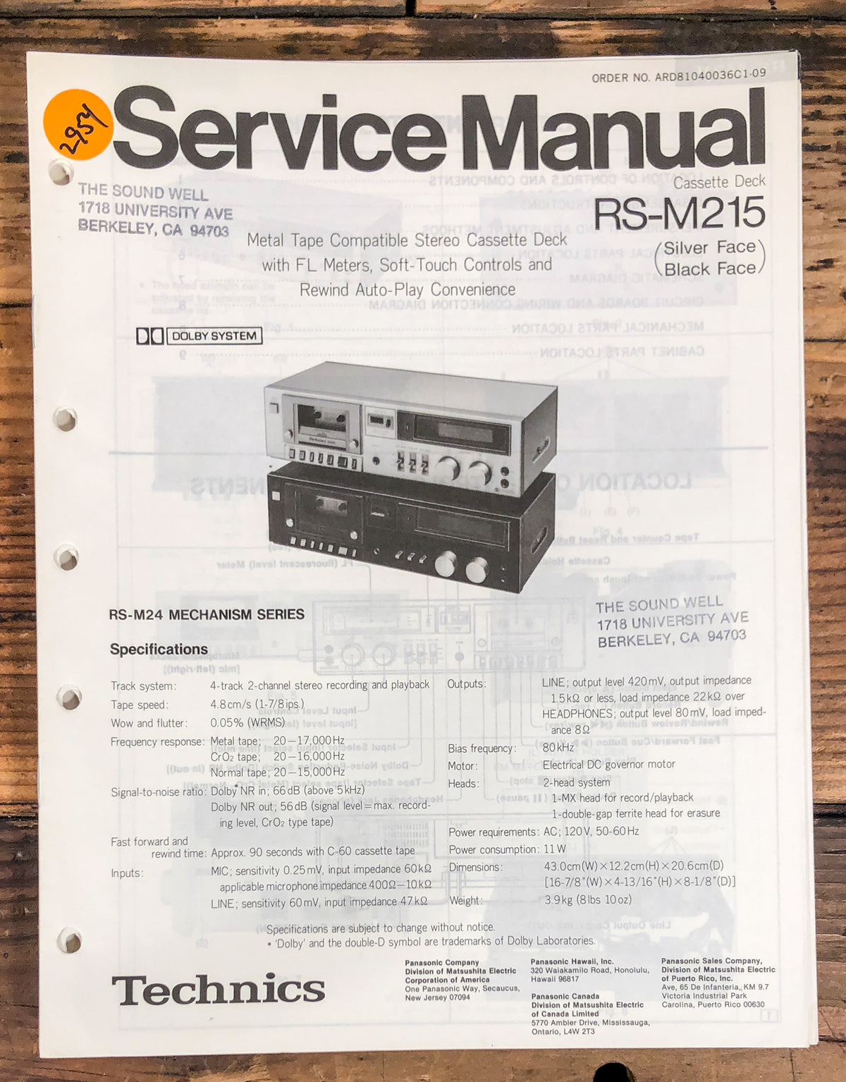 Technics RS-M215 Cassette Service Manual *Original*