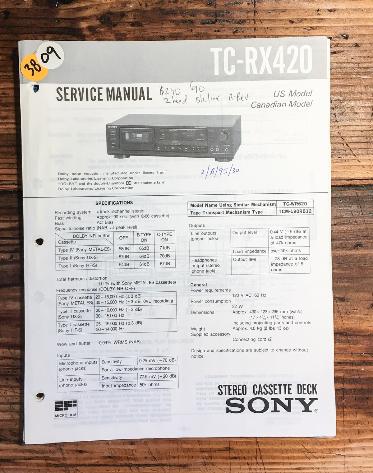 Sony TC-RX420 Cassette Service Manual *Original*