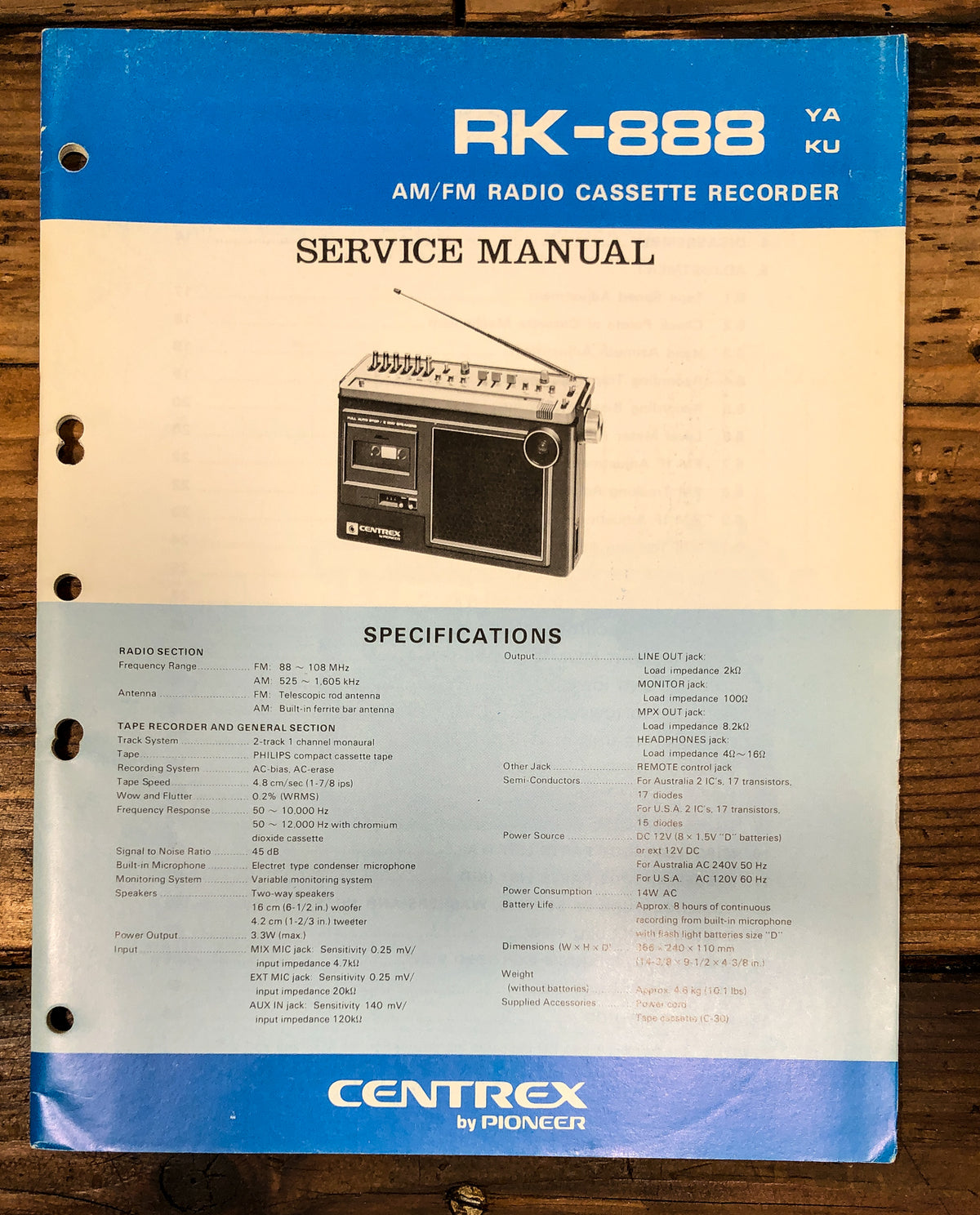 Pioneer RK-888 Radio Cassette Service Manual *Original*