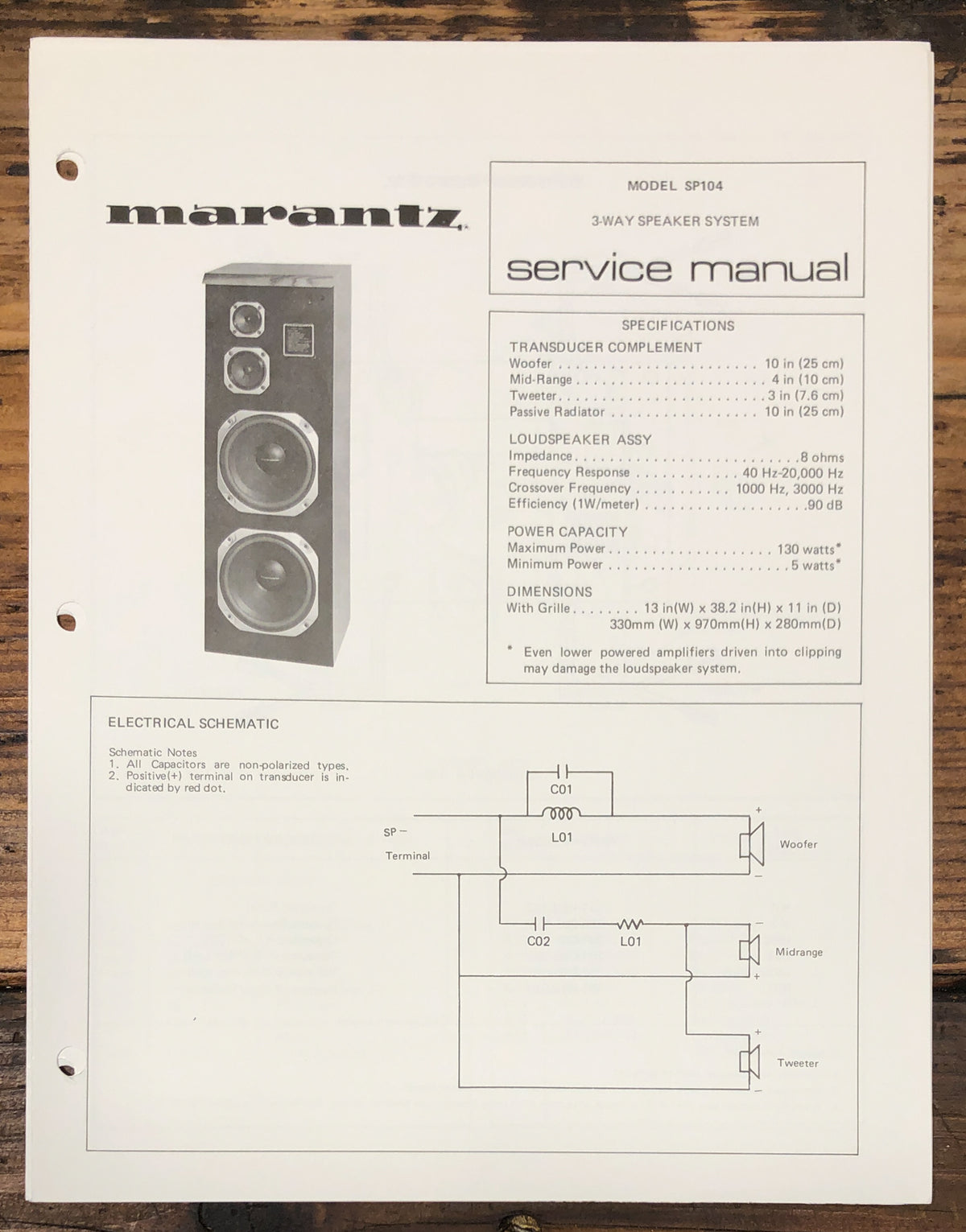 Marantz SP104 SP-104 Speaker Service Data Sheet *Original*