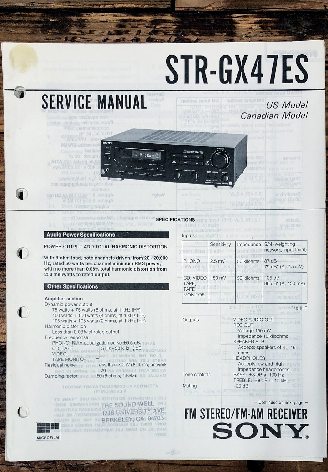 Sony STR-GX47ES Receiver Service Manual *Original*
