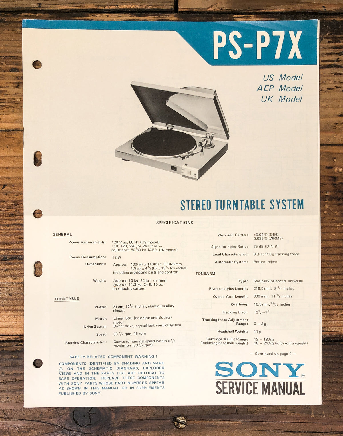 Sony PS-P7X Record Player / Turntable Service Manual *Original*