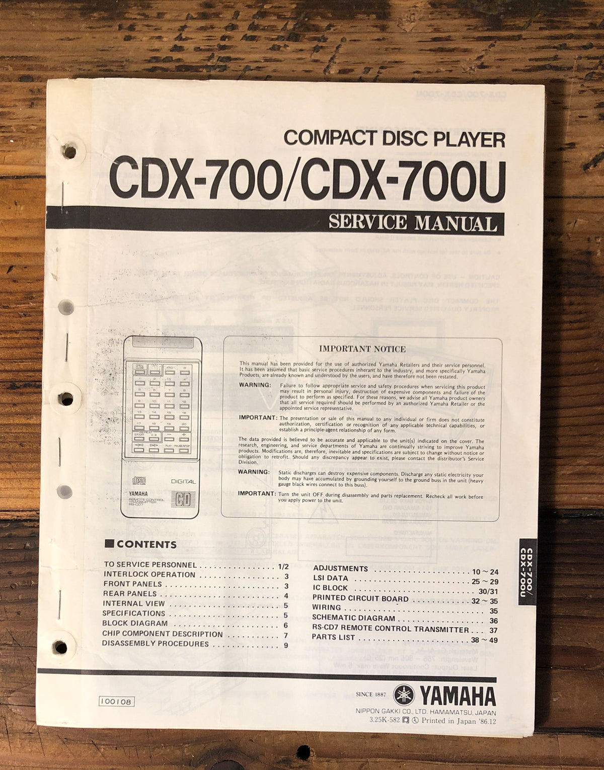 Yamaha CDX-700 CDX-700U CD Player Service Manual *Original*