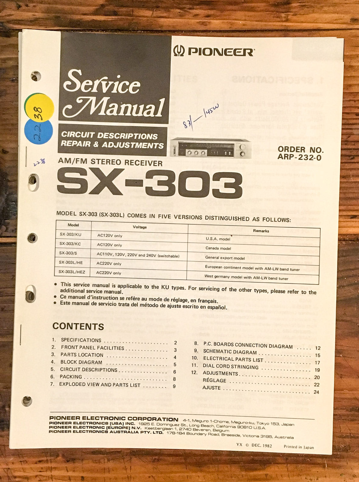 Pioneer SX-303 Receiver Service Manual *Original*