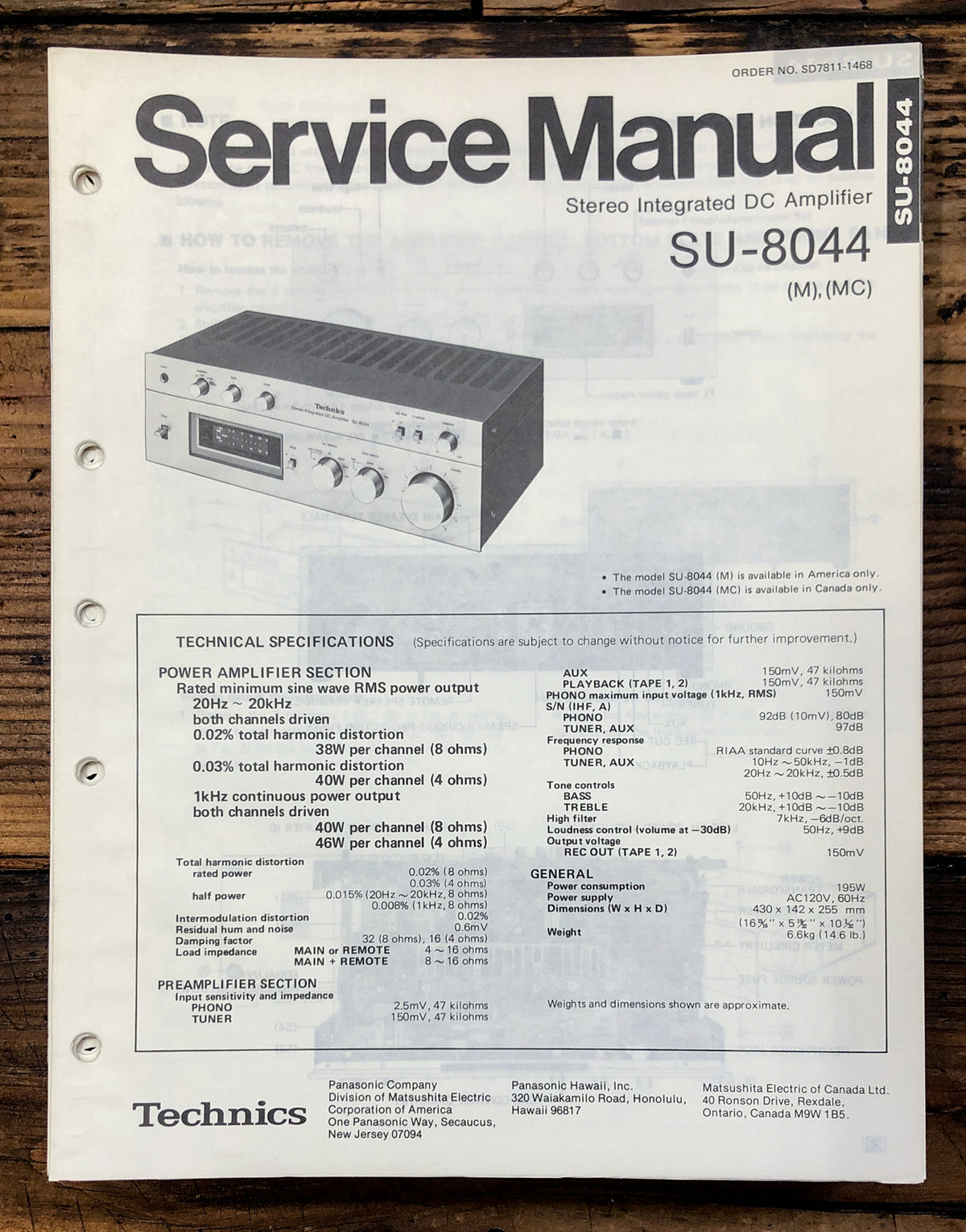 Technics SU-8044 Amplifier Service Manual *Original*