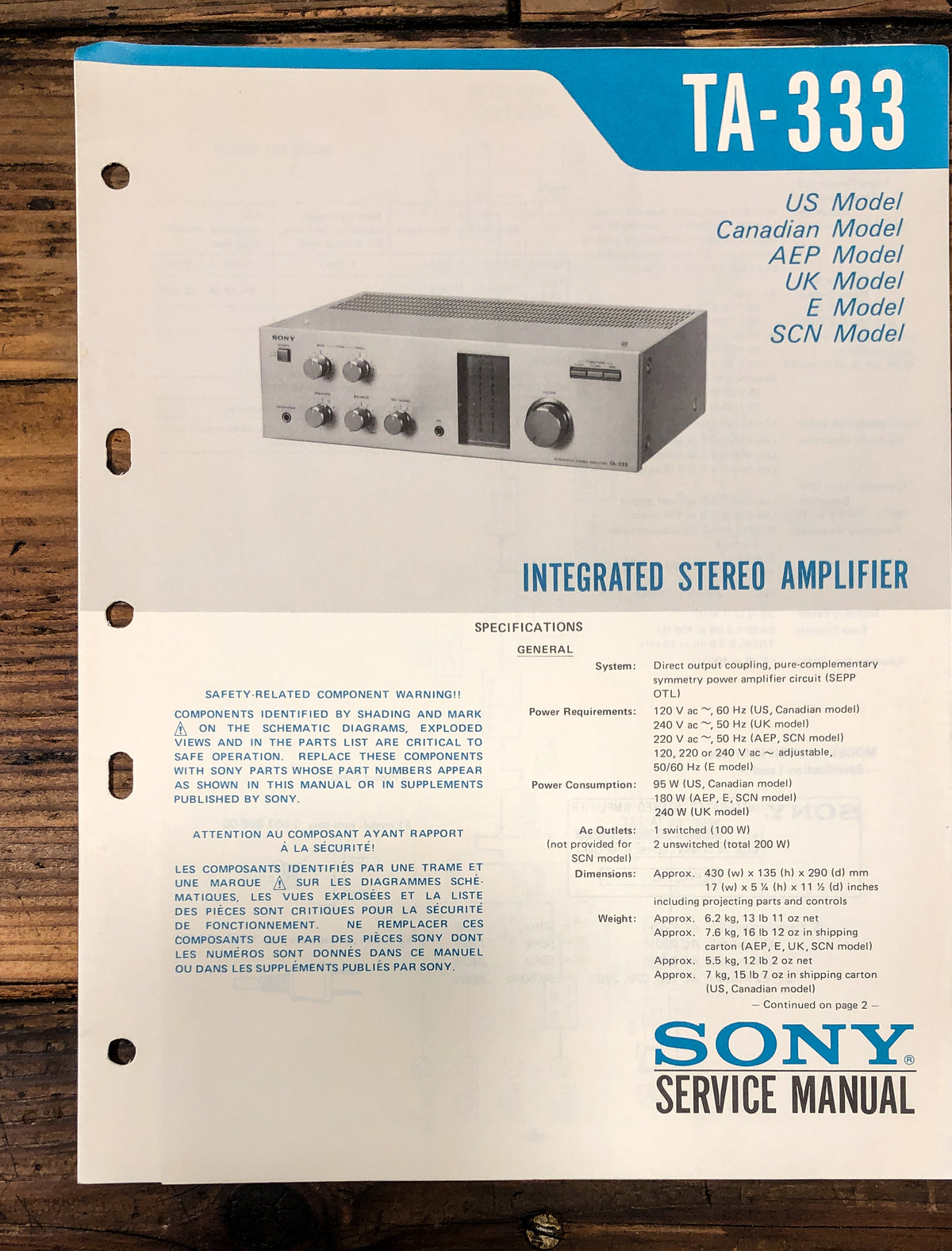 Sony TA-333 Amplifier Service Manual *Original*