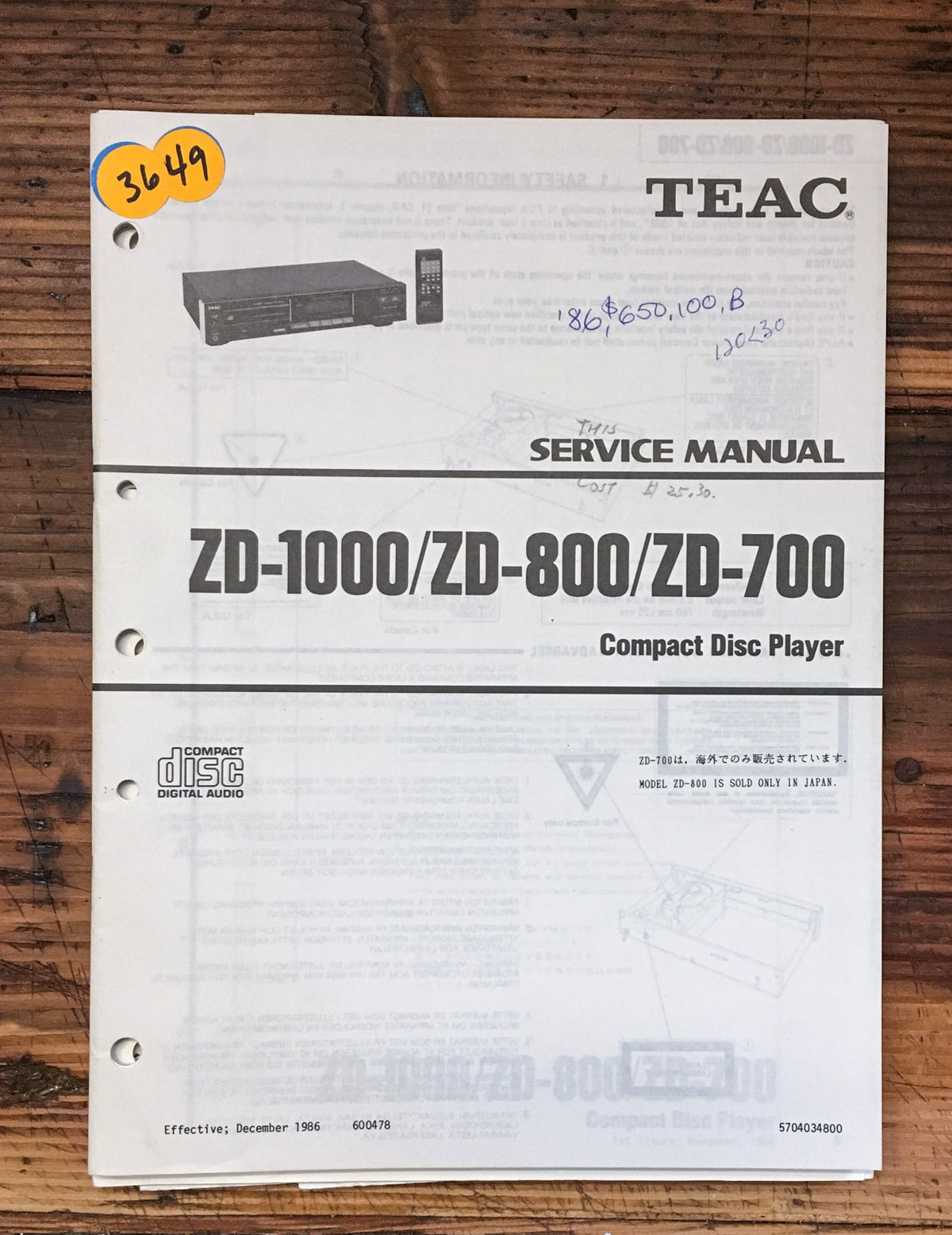 Teac ZD-1000 ZD-800 ZD-700 CD Player Service Manual *Original*