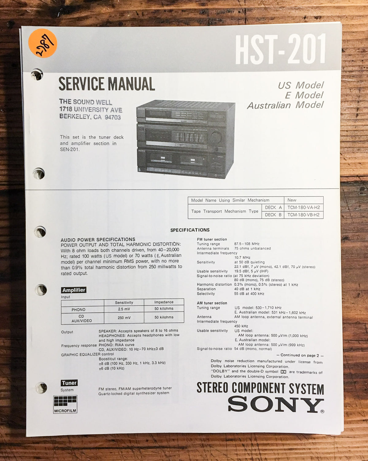 Sony HST-201 Stereo Service Manual *Original*