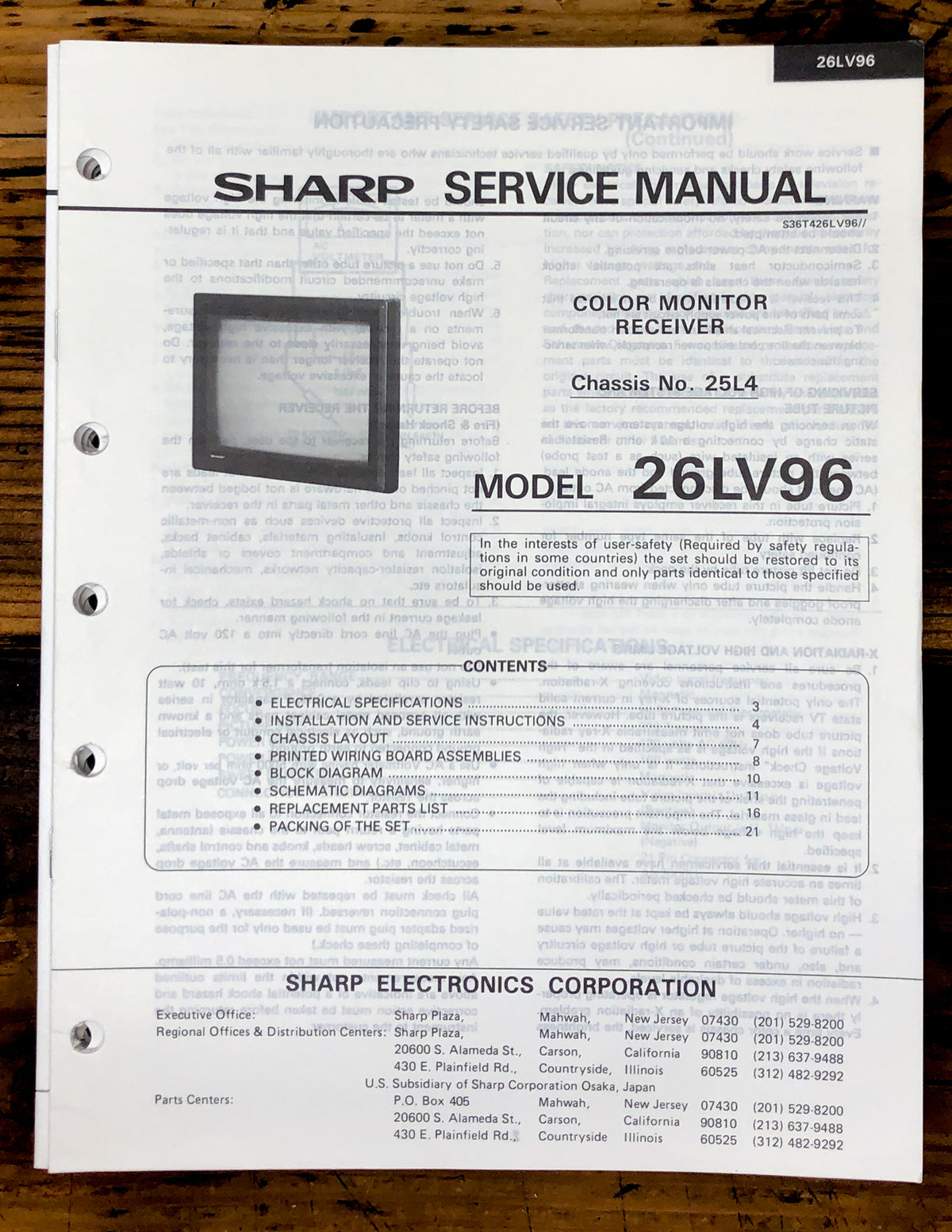 Sharp 26LV96 TV / Television Service Manual *Original*