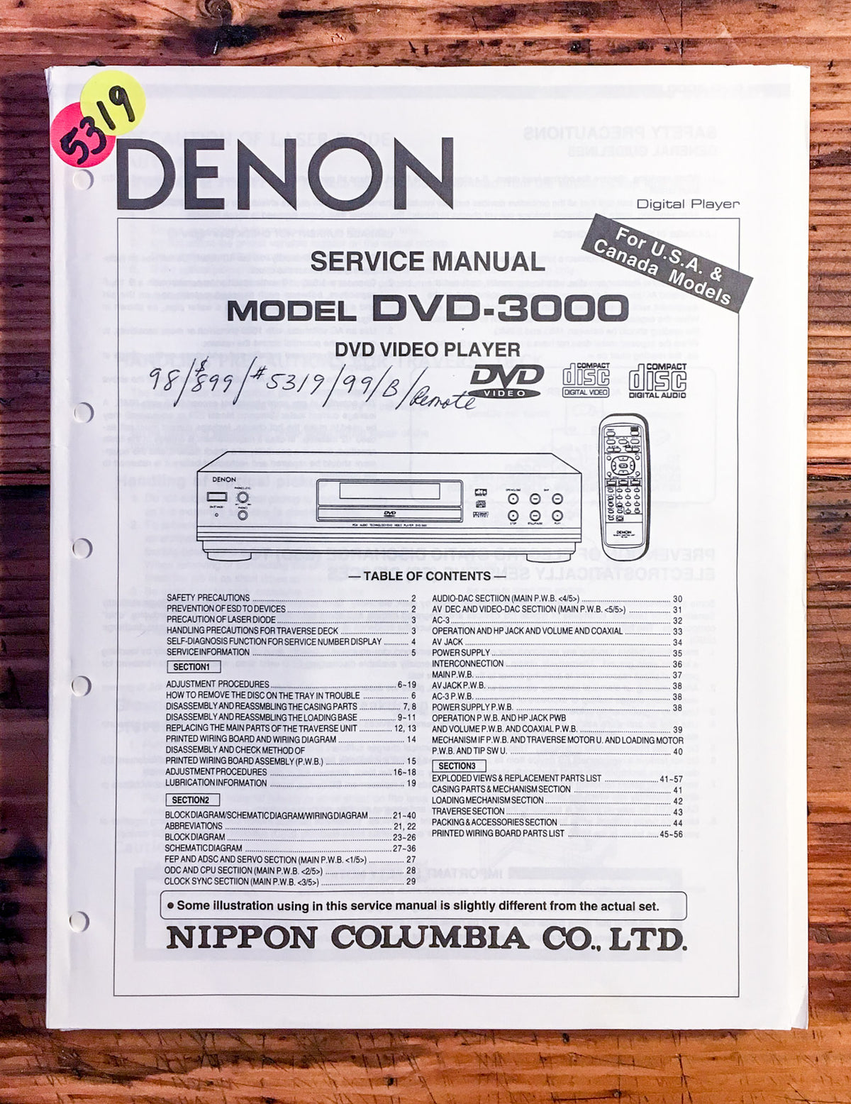Denon DVD-3000 DVD Player Service Manual *Original*