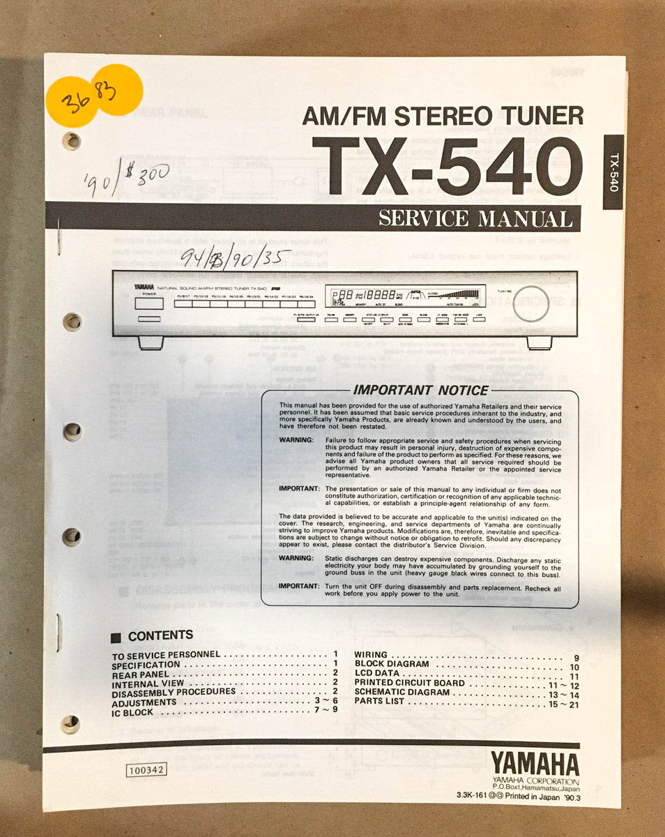 Yamaha TX-540 Tuner Service Manual *Original*