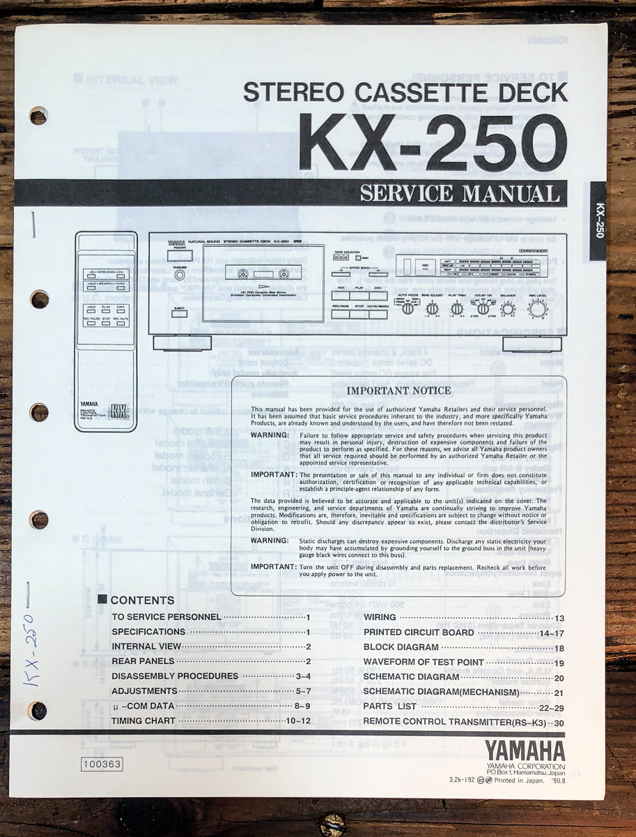 Yamaha KX-250 Cassette Service Manual *Original*