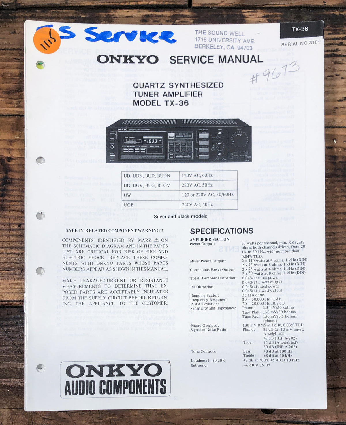 Onkyo TX-36 Receiver Service Manual *Original*