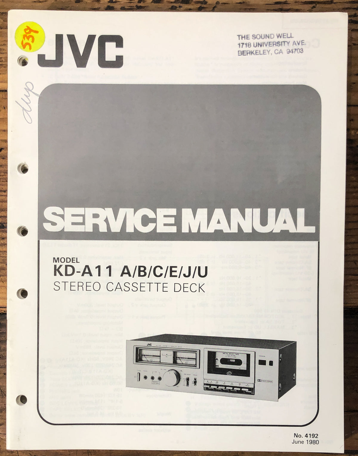 JVC KD-A11 Cassette Service Manual *Original*