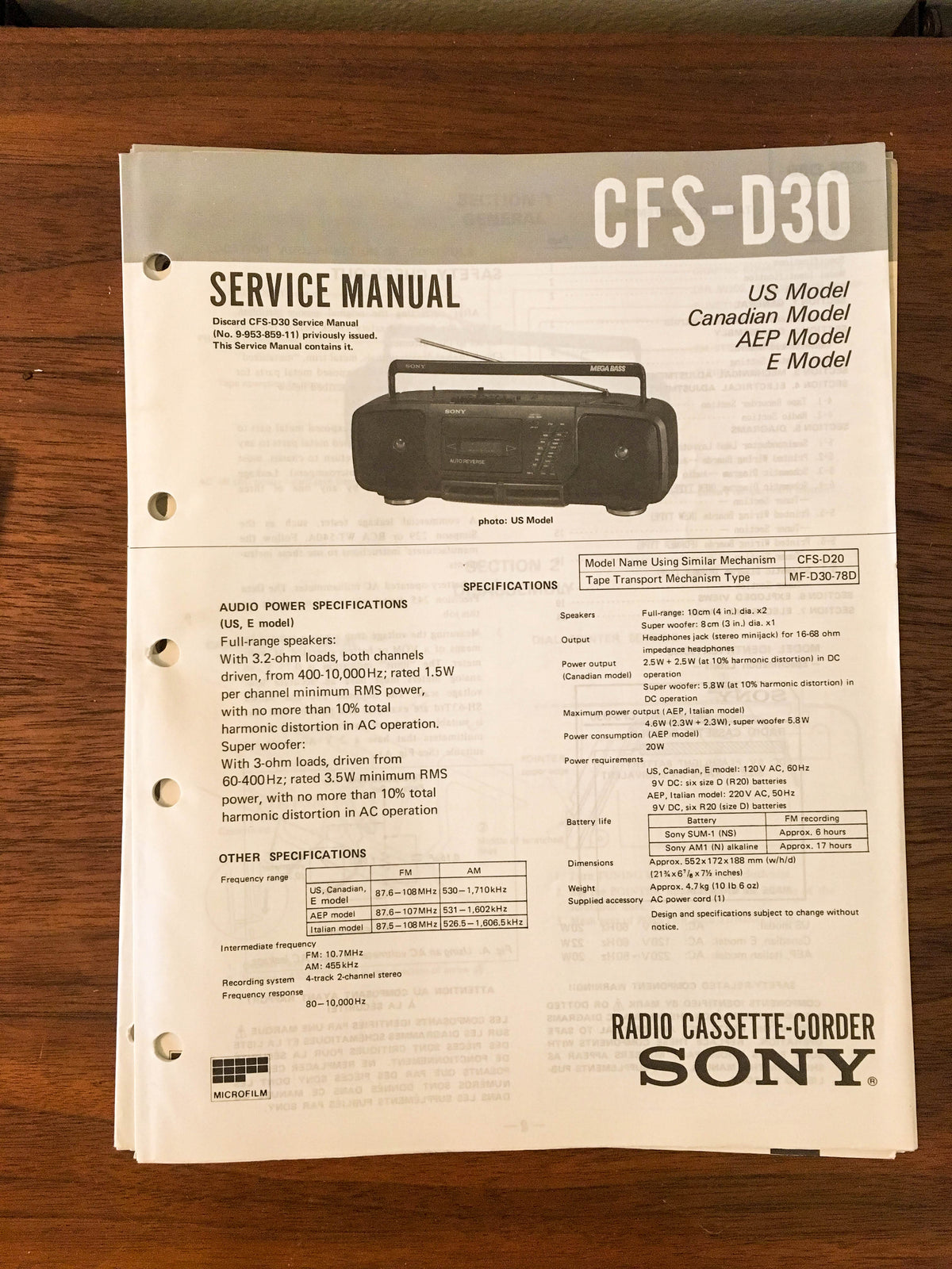 Sony CFS-D30 RADIO CASSETTE Service Manual *Original*