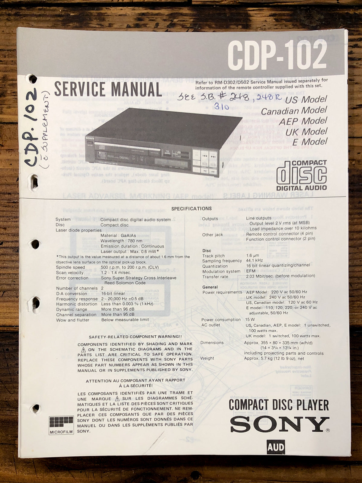 Sony CDP-102 CD Player Service Manual *Original*