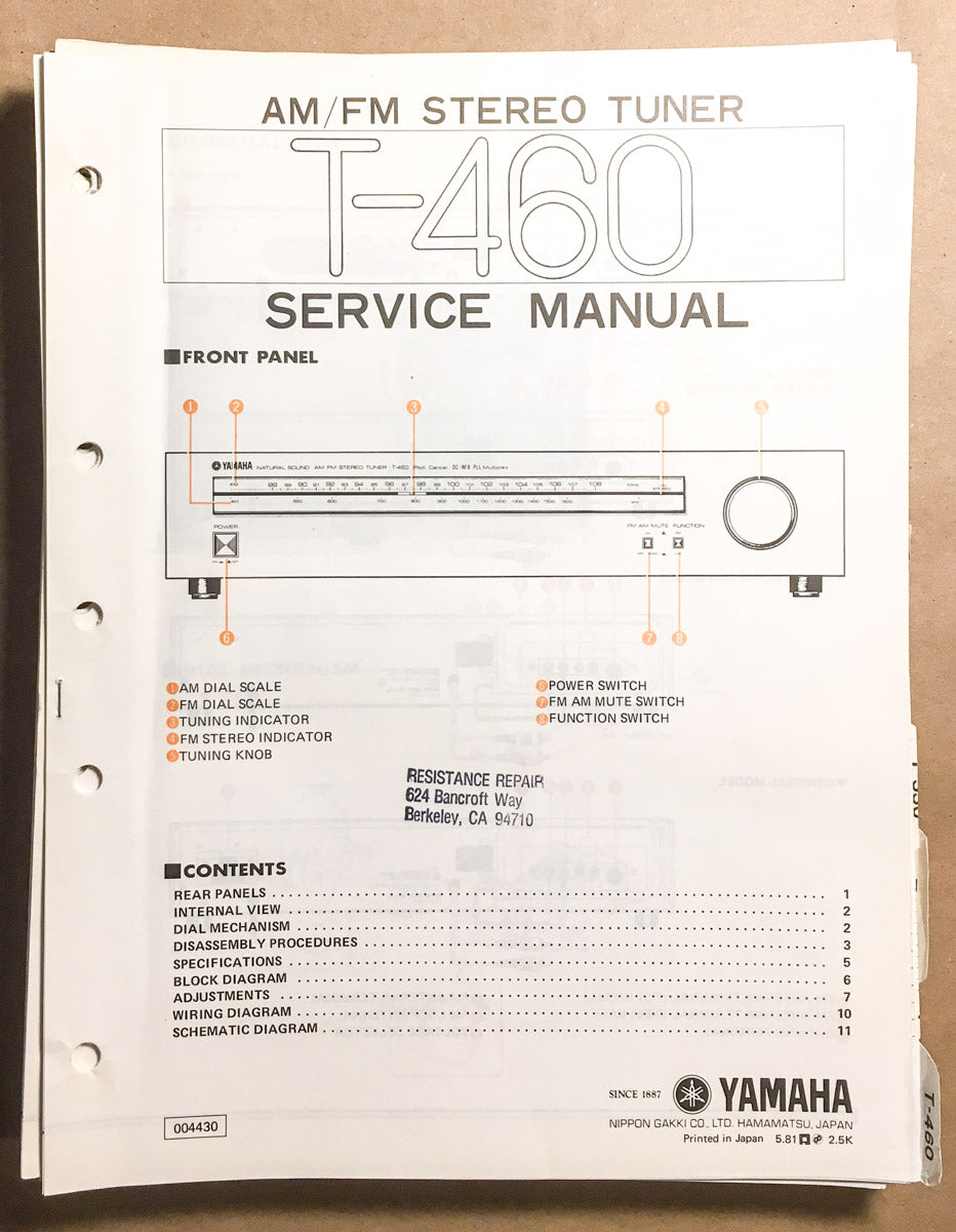 Yamaha T-460 Tuner Service Manual *Original*