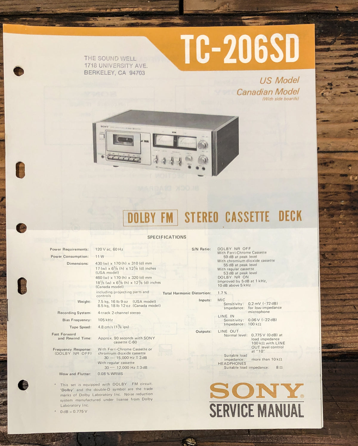 Sony TC-206SD Cassette Service Manual *Original*
