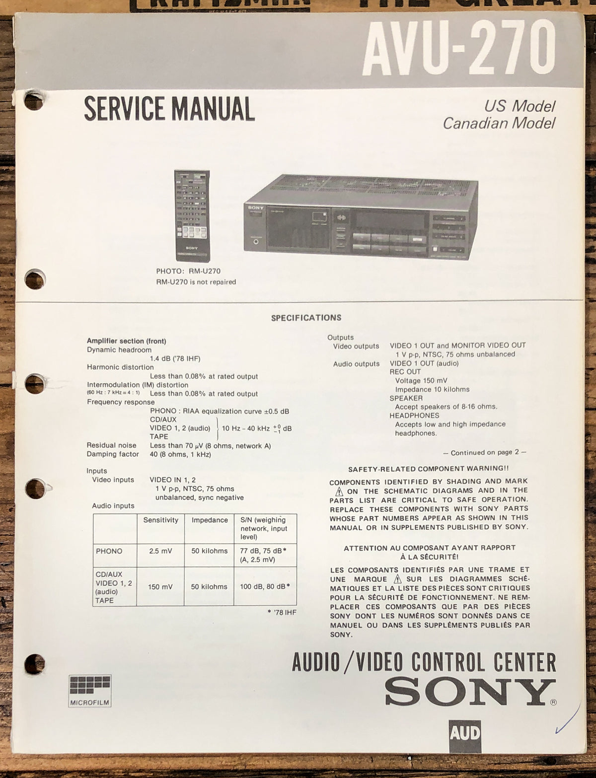 Sony AVU-270 AV Control Center Service Manual *Original*