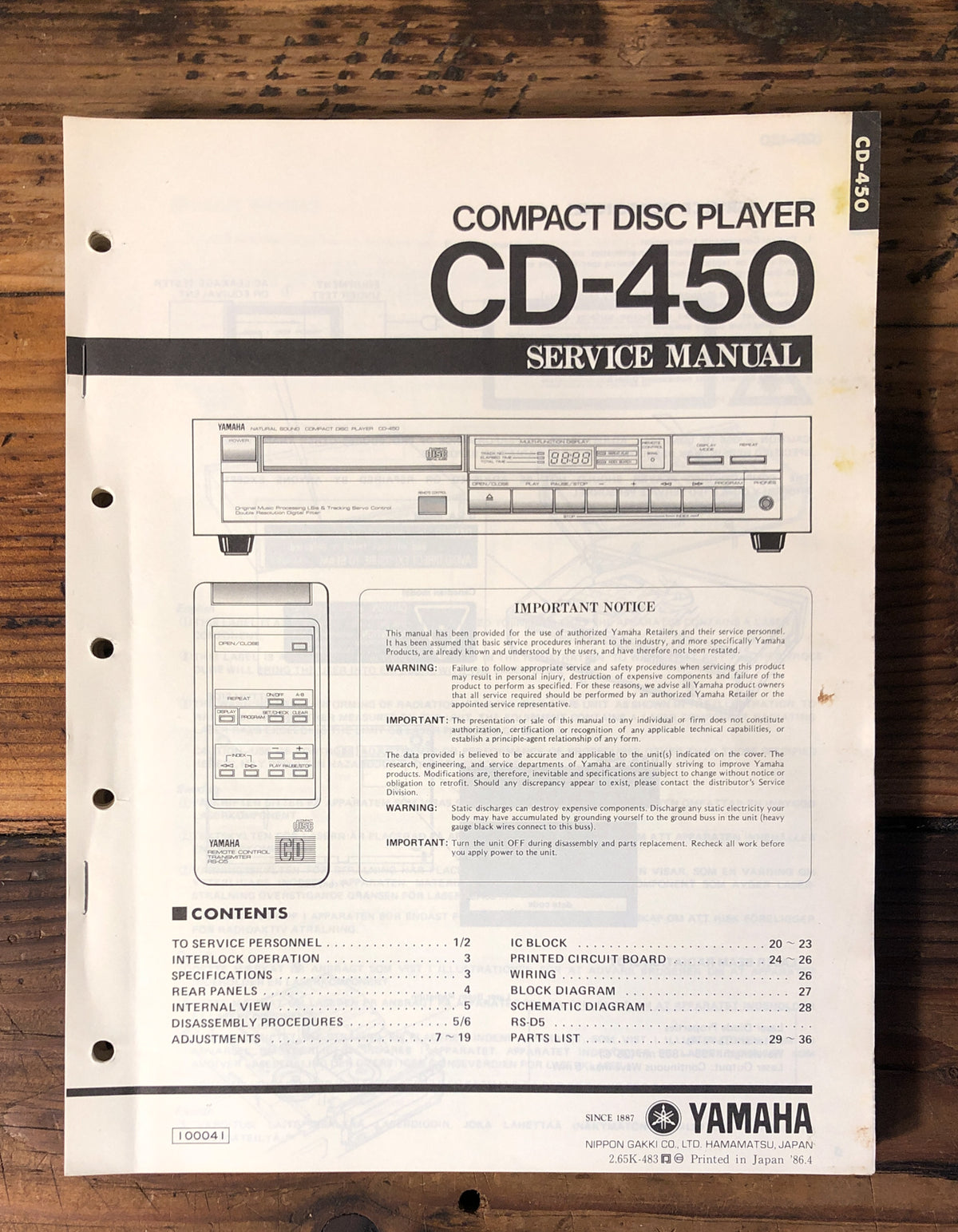 Yamaha CD-450 CD Player Service Manual *Original*