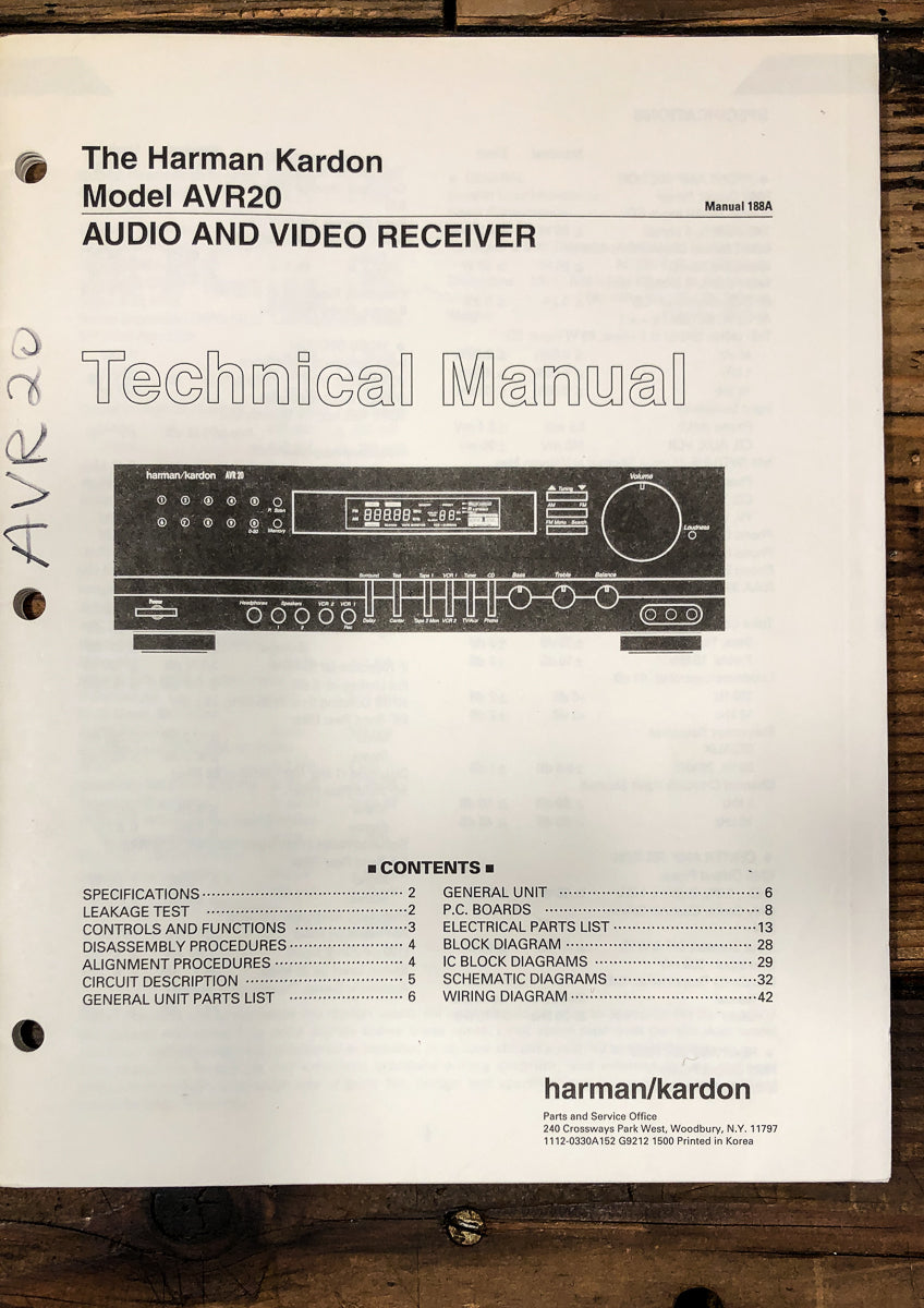 Harman Kardon HK AVR-20 AVR20 Service Manual *Original*