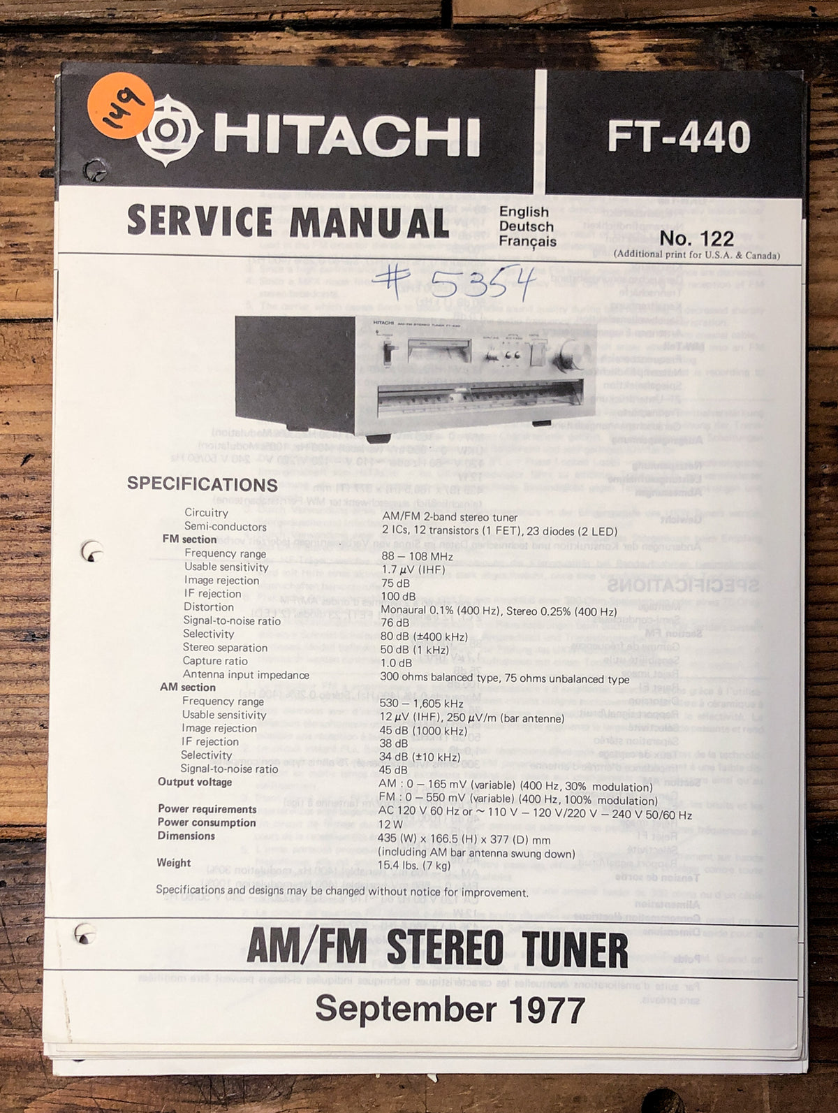 Hitachi FT-440 Tuner Service Manual *Original*