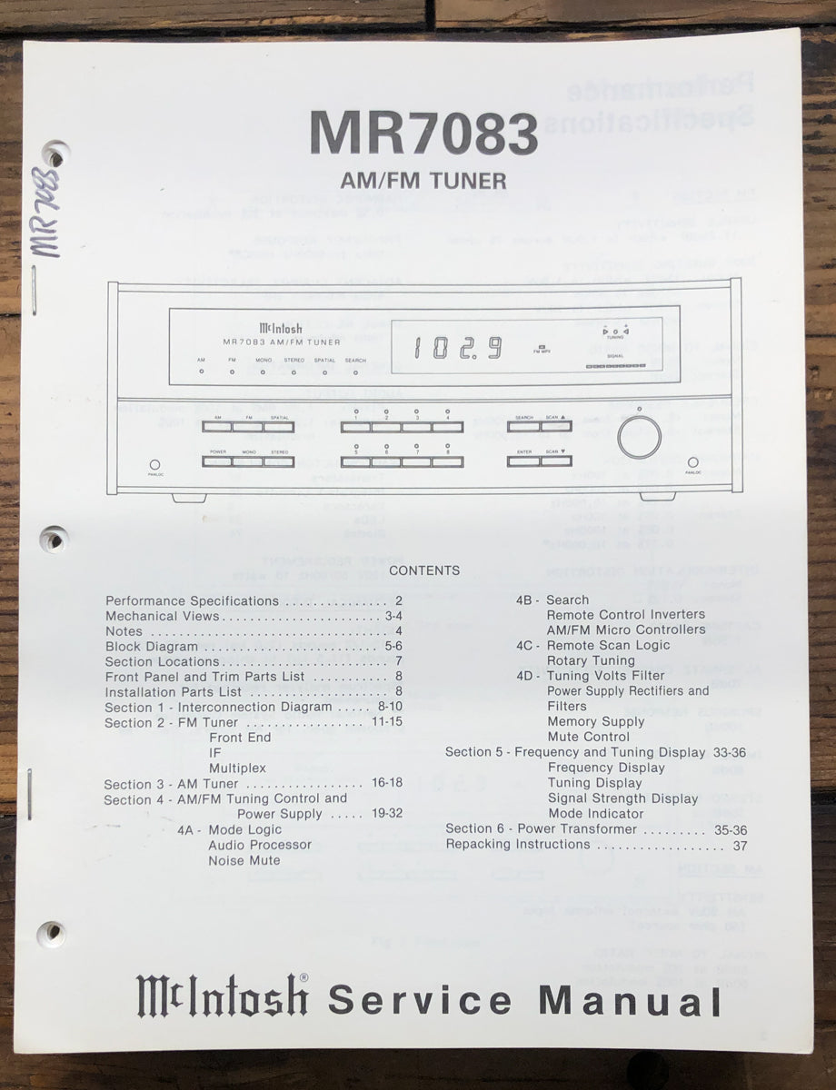 McIntosh MR7083 MR-7083 Tuner Service Manual *Original*