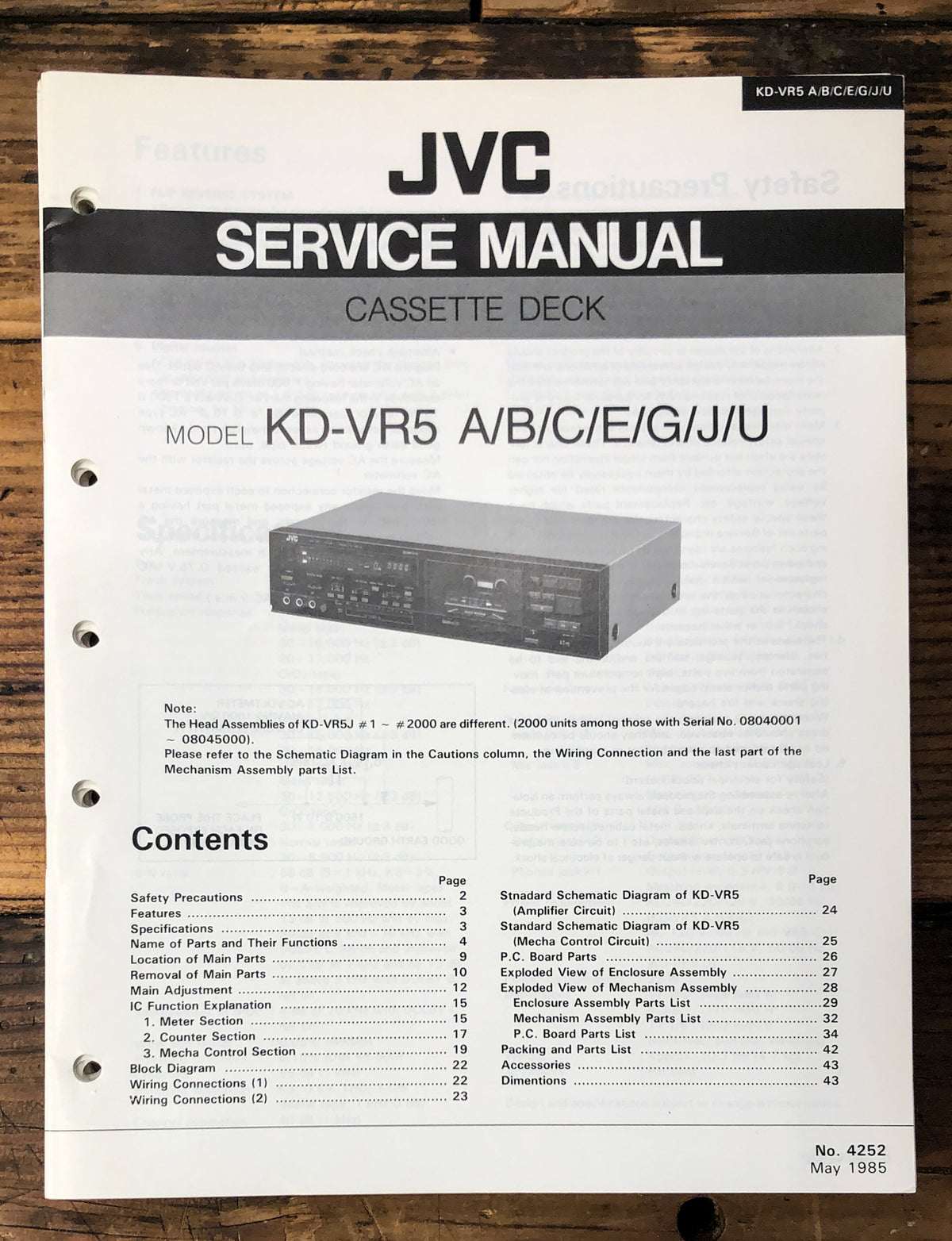 JVC KD-VR5 Cassette Service Manual *Original*