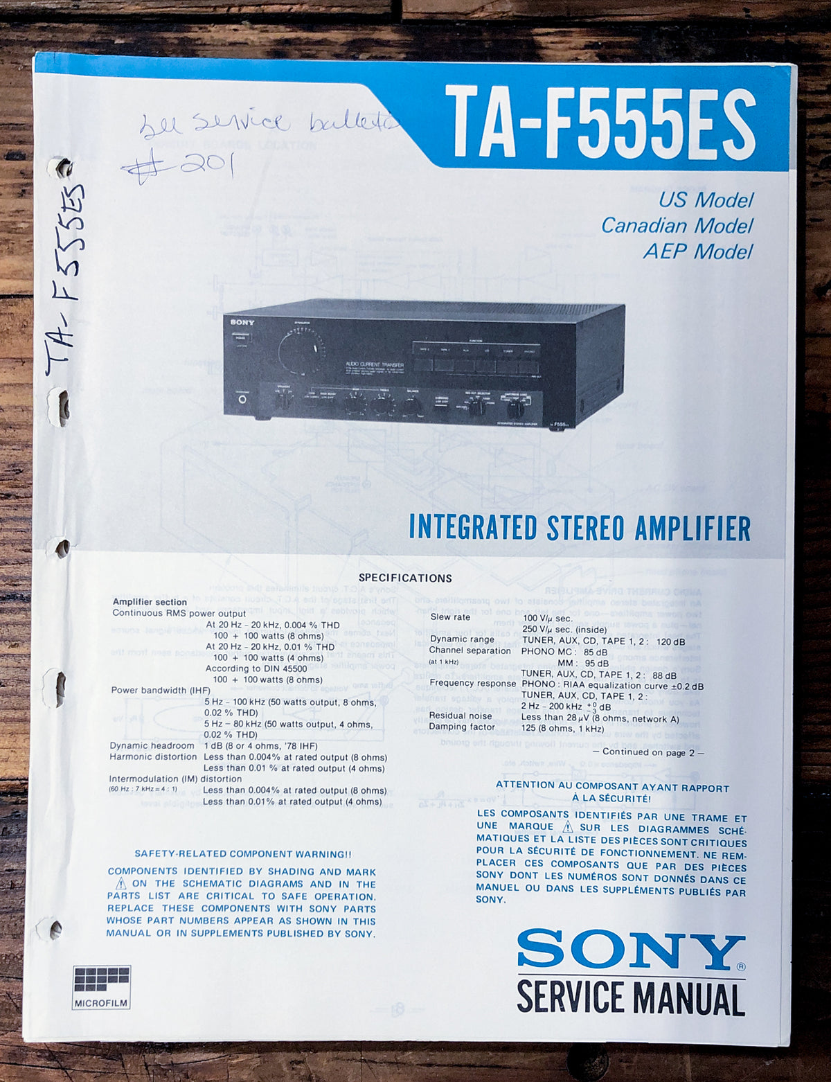 Sony TA-F555ES Amplifier Service Manual *Original*