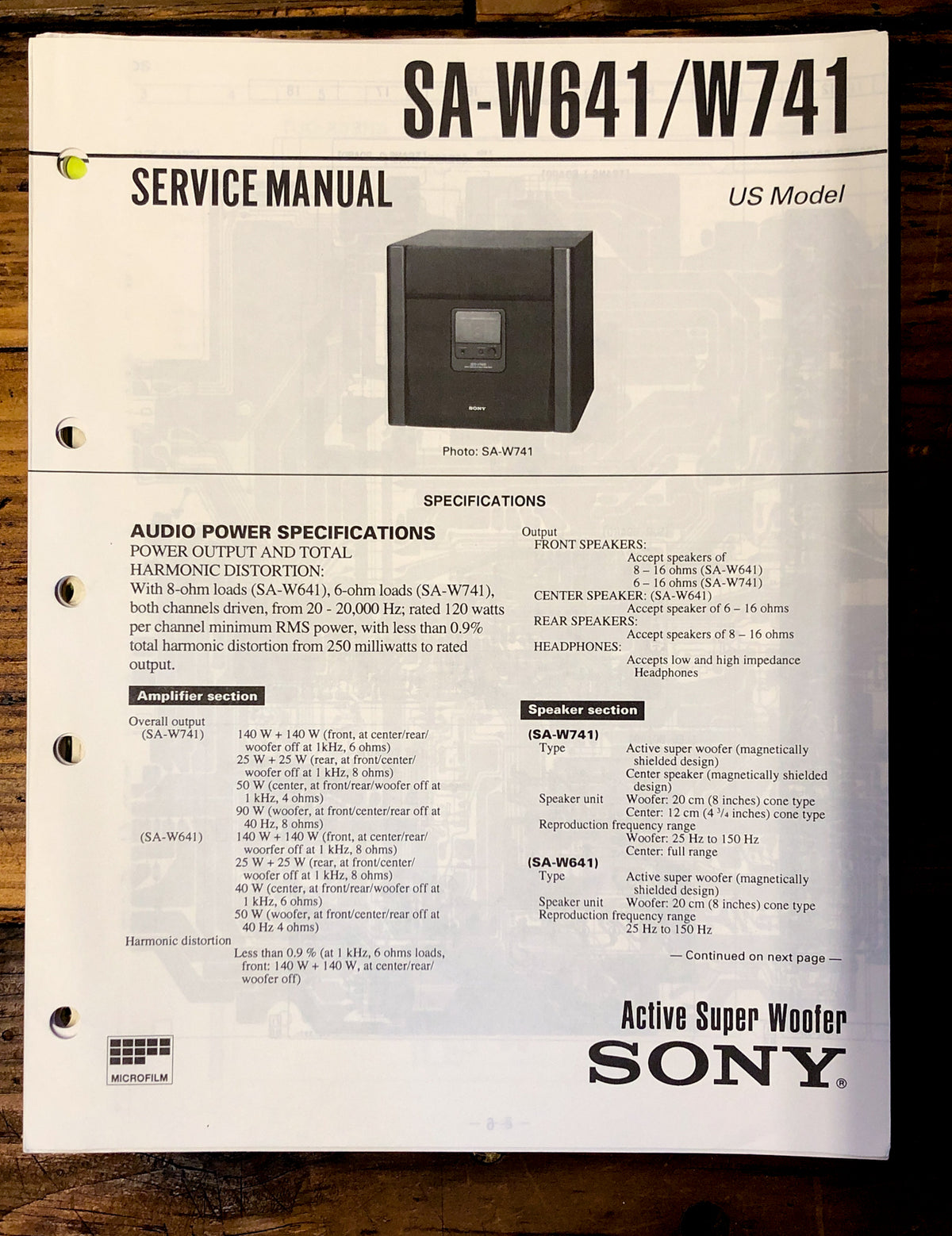 Sony SA-W641 SA-W741 Super Woofer Service Manual *Original*