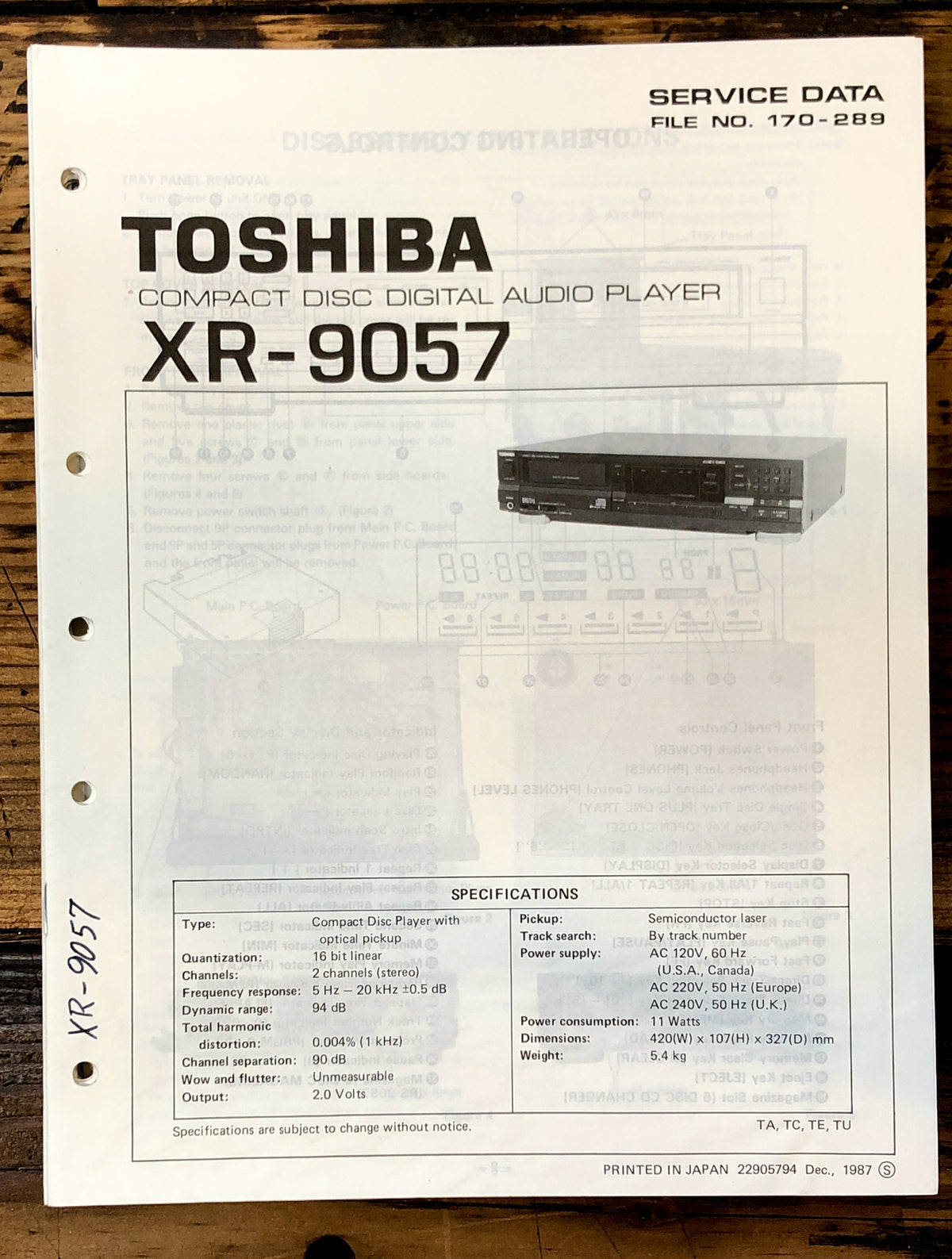 Toshiba XR-9057 CD Player Service Manual *Original*