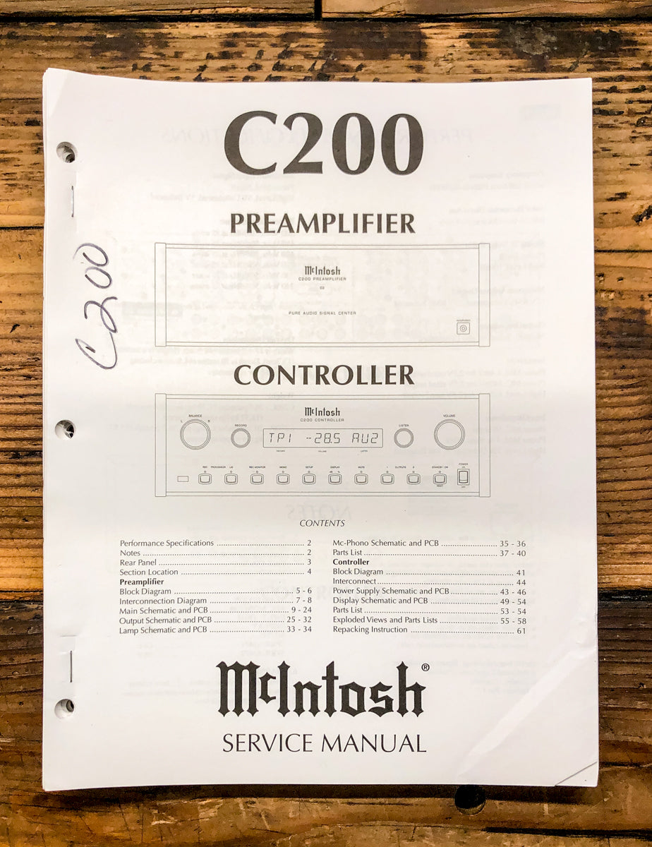 McIntosh C200 C-200 Preamp / Preamplifier Service Manual *Original*