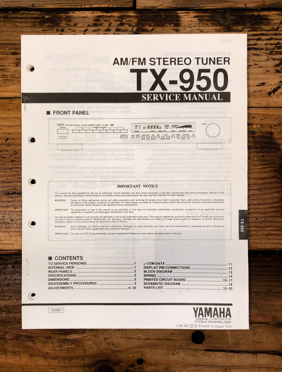 Yamaha TX-950 Tuner Service Manual *Original*