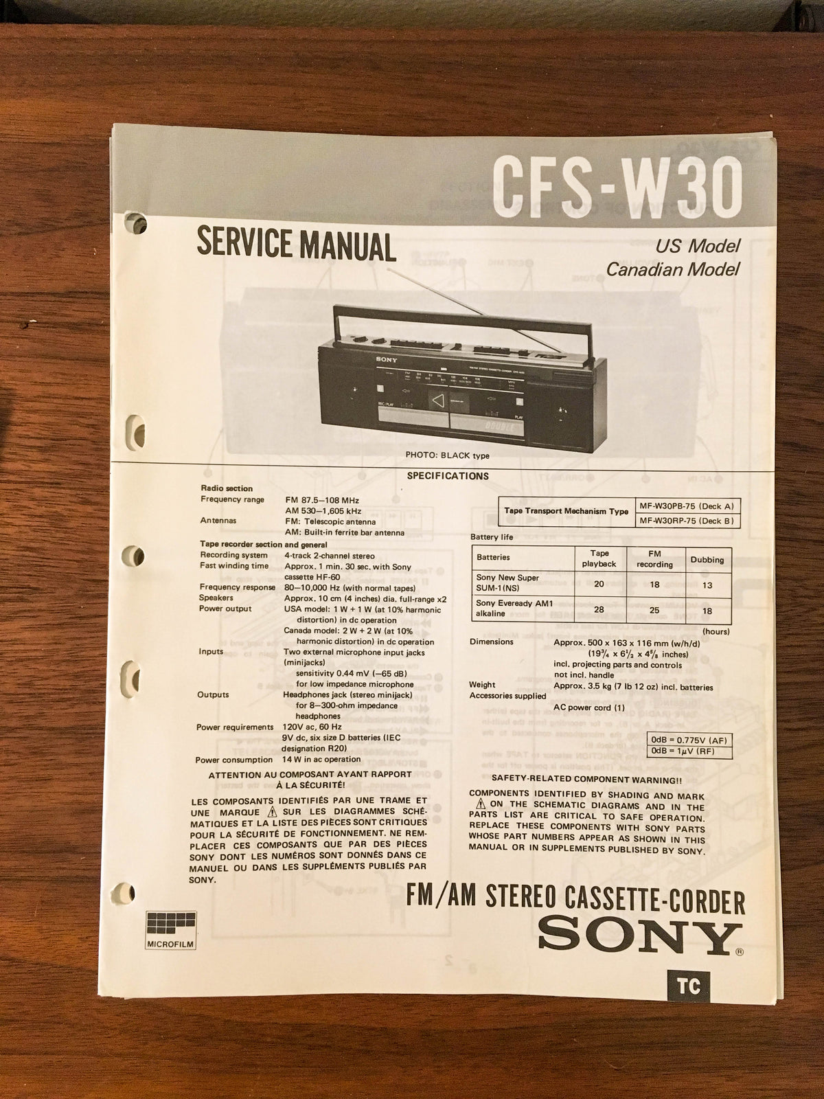 Sony CFS-W30 RADIO CASSETTE Service Manual *Original*