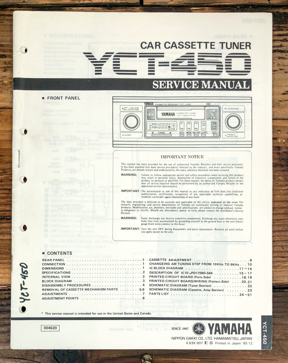 Yamaha YCT-450 Car Radio Service Manual *Original*