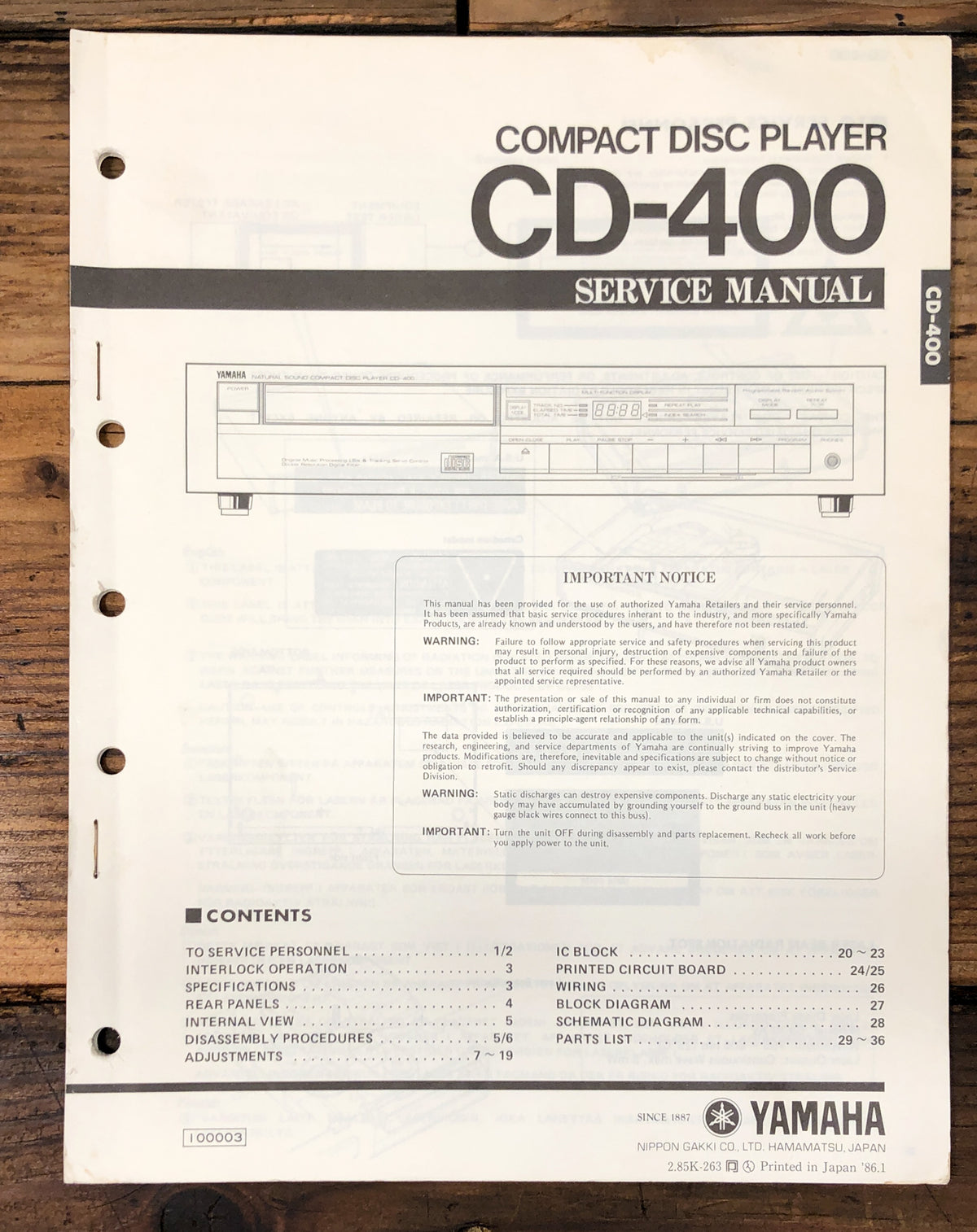 Yamaha CD-400 CD Player Service Manual *Original*