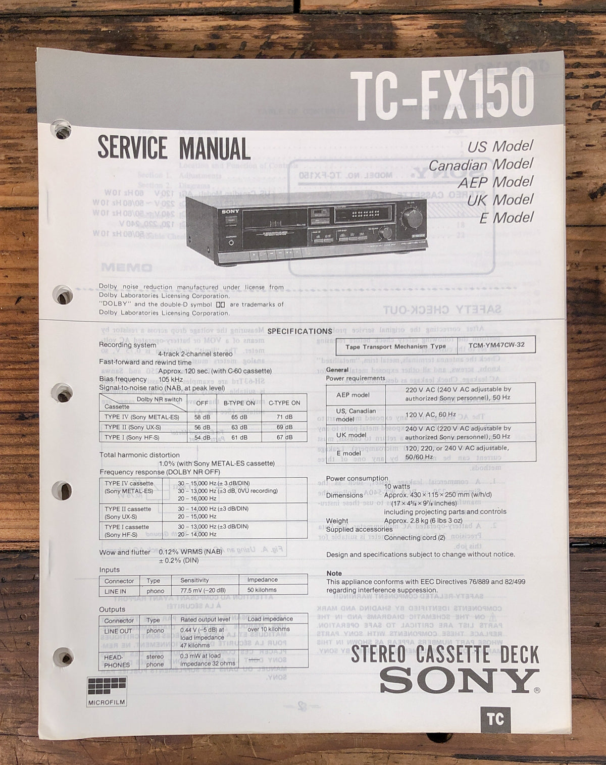 Sony TC-FX150 Cassette Service Manual *Original*