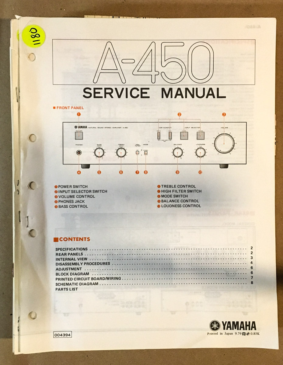 Yamaha A-450 Amplifier Service Manual *Original*