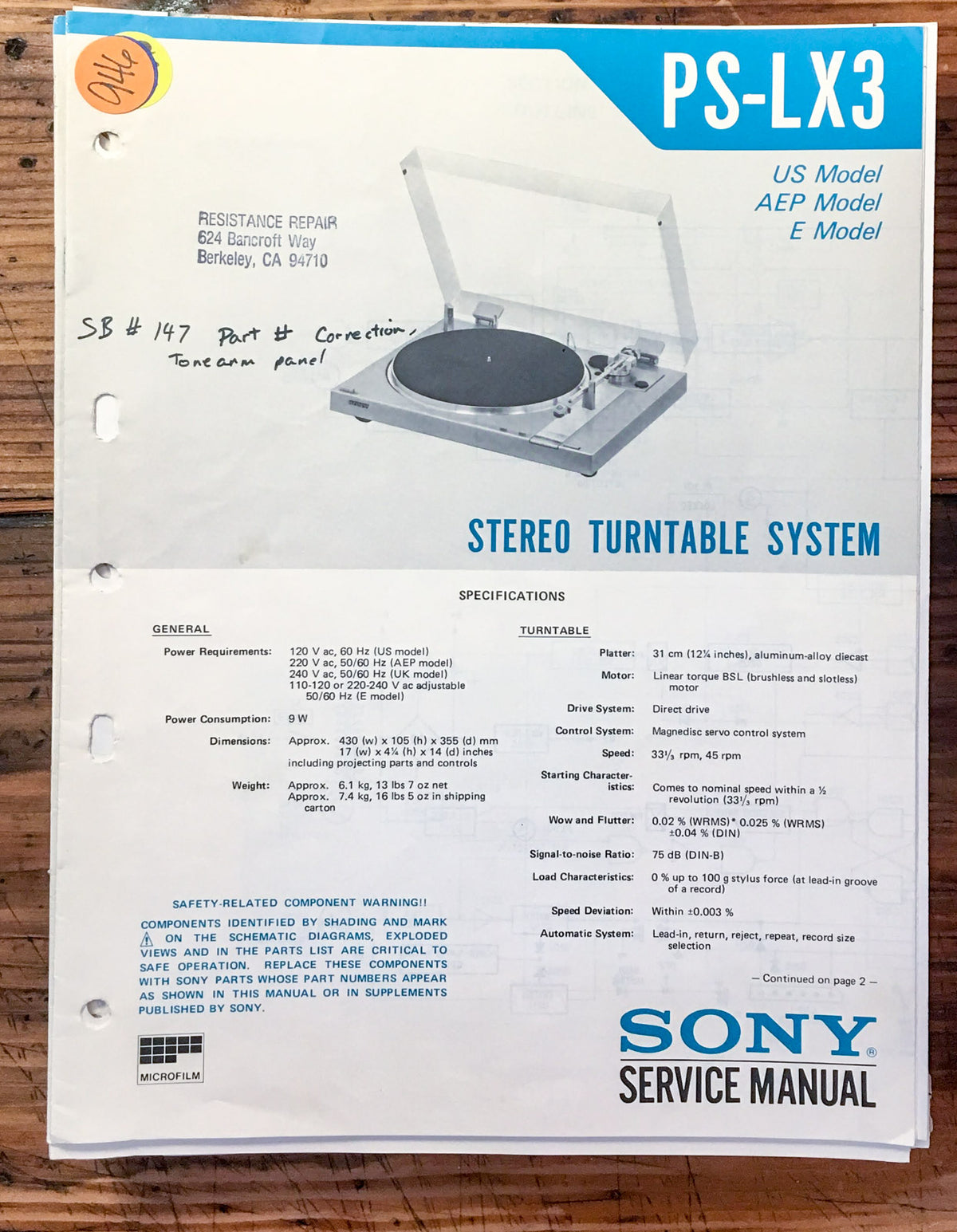 Sony PS-LX3 Record Player / Turntable Service Manual *Original*