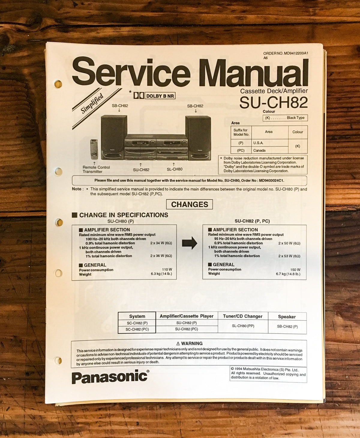 Panasonic SU-CH82 Stereo Service Manual *Original*