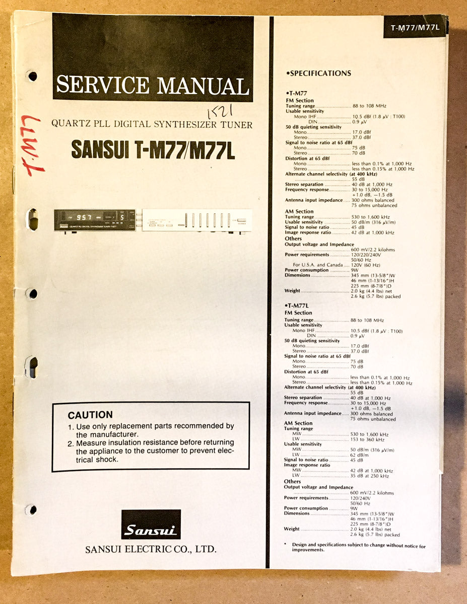 Sansui T-M77 Tuner Service Manual *Original*