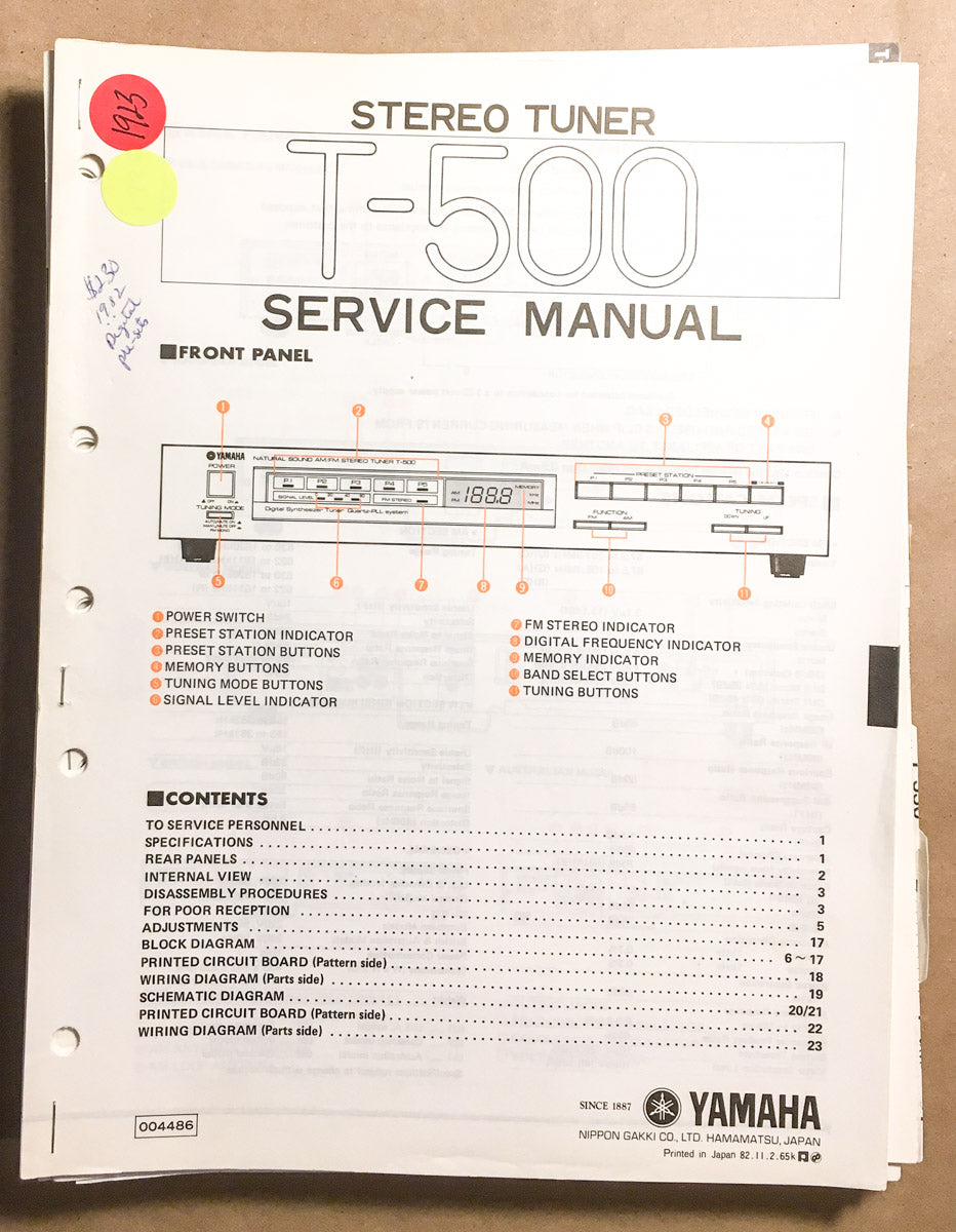 Yamaha T-500 Tuner Service Manual *Original*