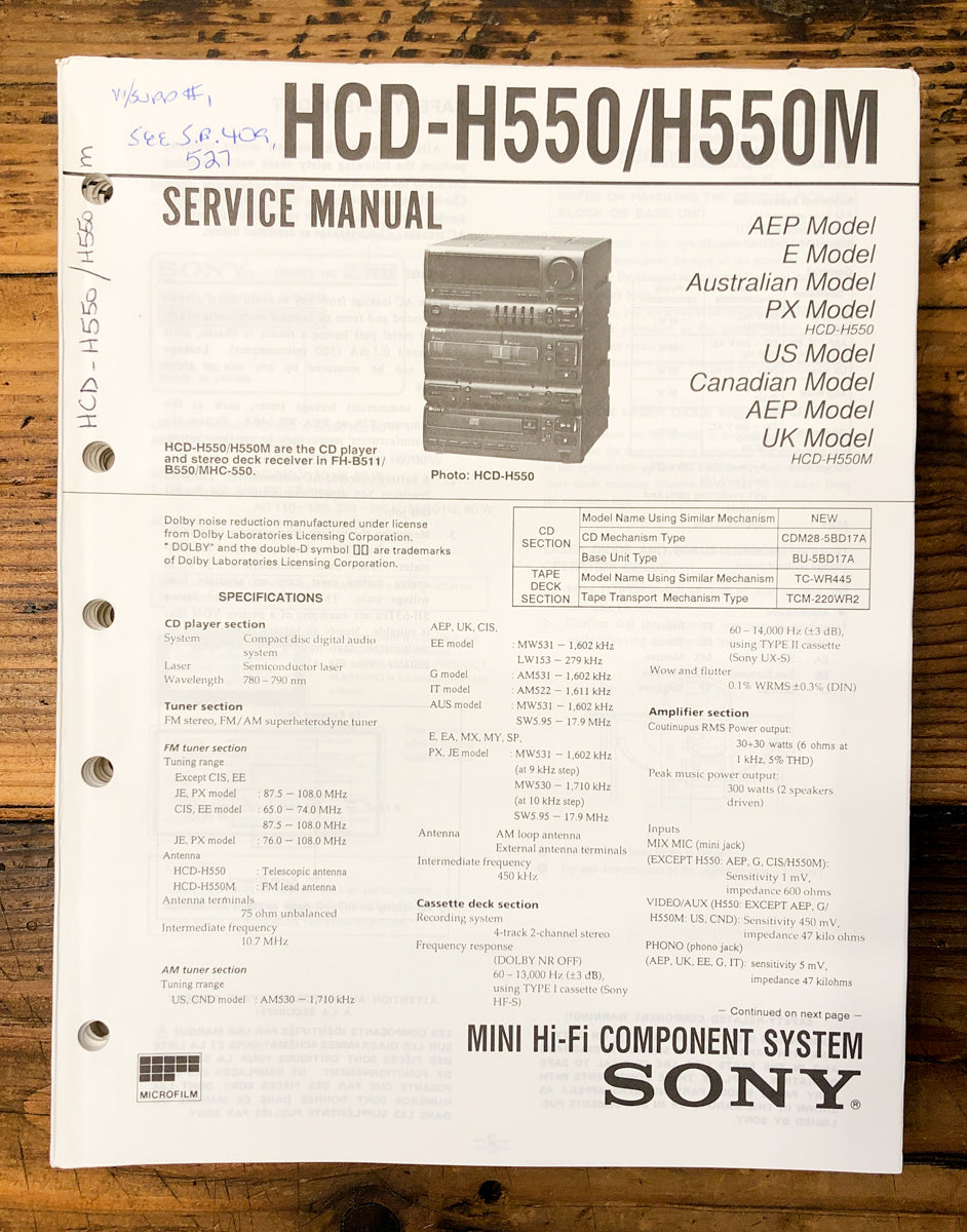 Sony HCD-H550 HCD-H550M Stereo Service Manual *Original*
