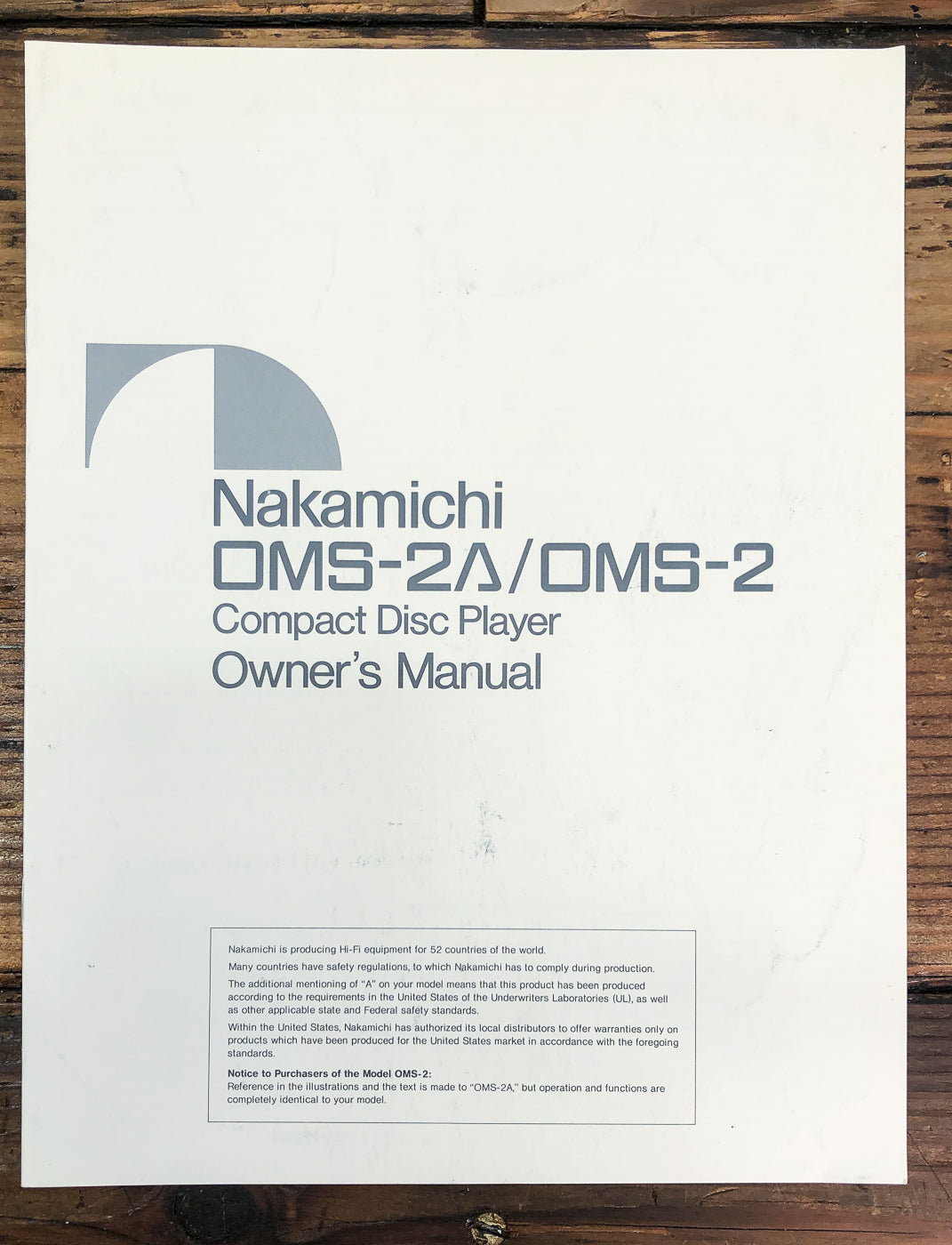 Nakamichi OMS-2 OMS-2A CD Player Owners / User Manual *Original*