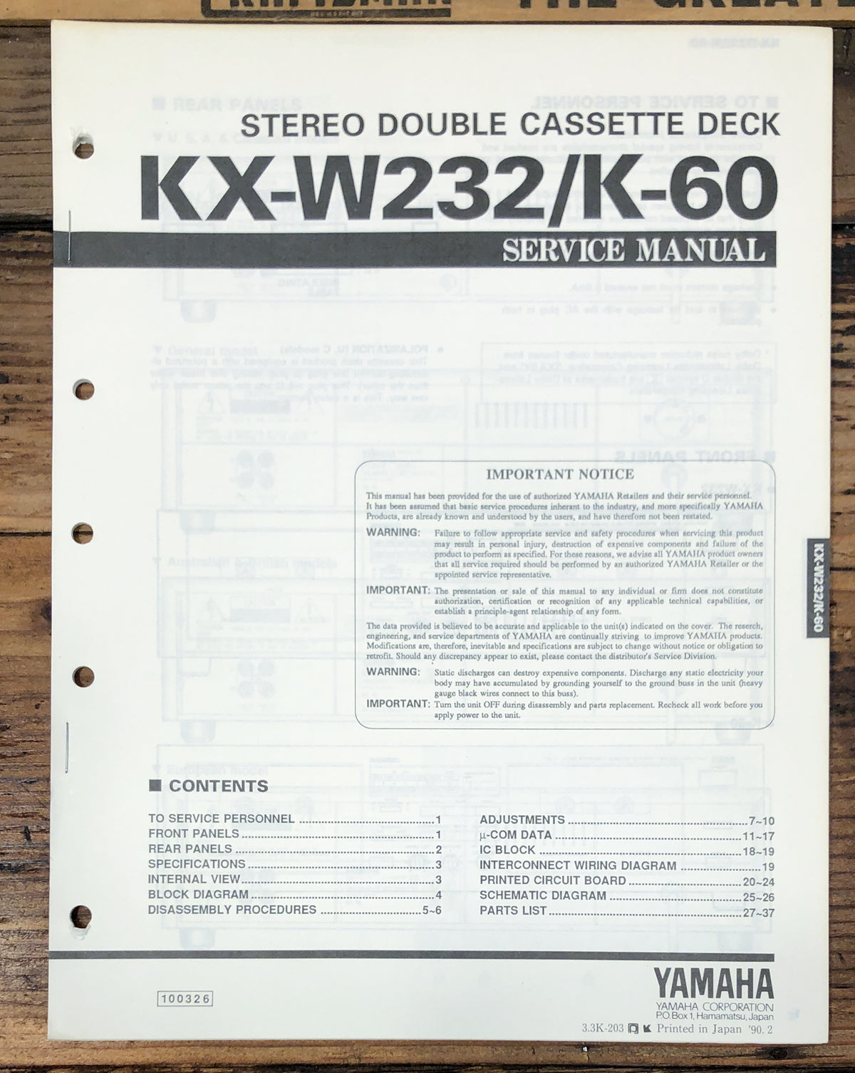 Yamaha KX-W232 K-60 Cassette Service Manual *Original*