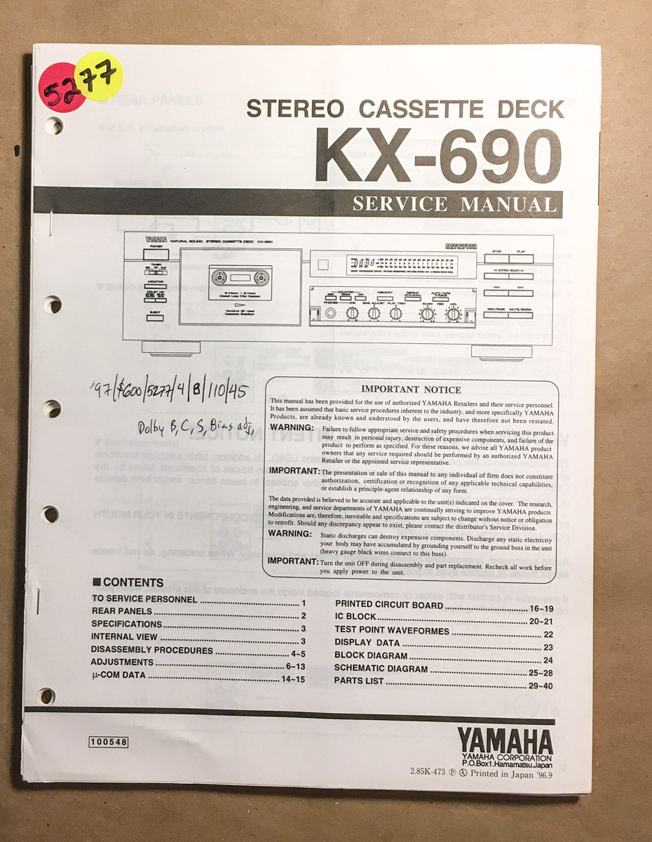 Yamaha KX-690 Cassette Service Manual *Original*