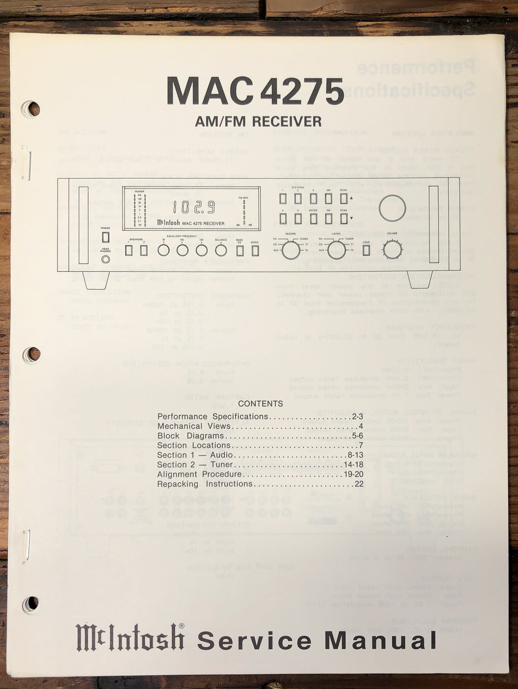 McIntosh MAC 4275 Receiver Service Manual *Original*