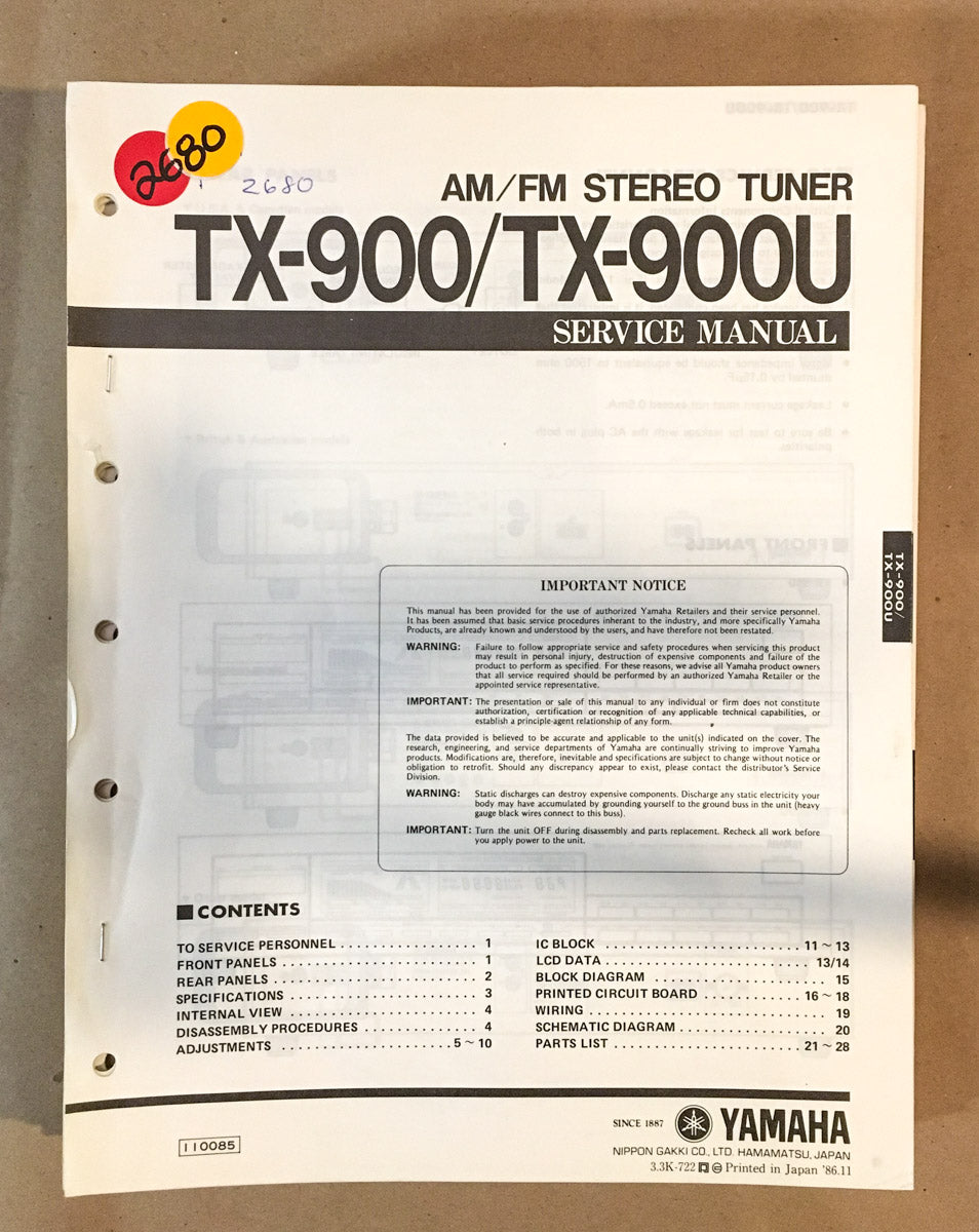 Yamaha TX-900 TX-900U Tuner Service Manual *Original*