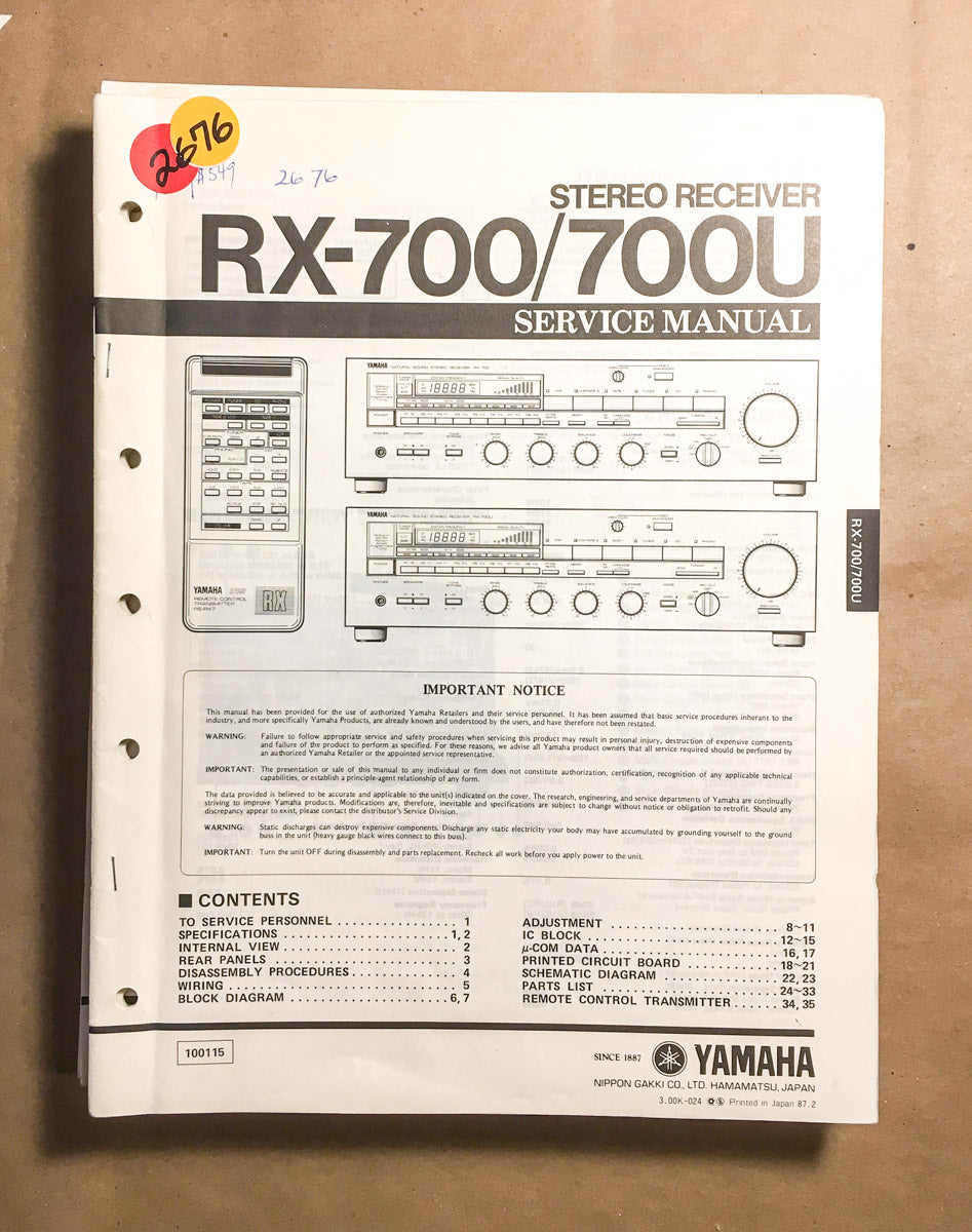 Yamaha RX-700 RX-700U Receiver Service Manual *Original*